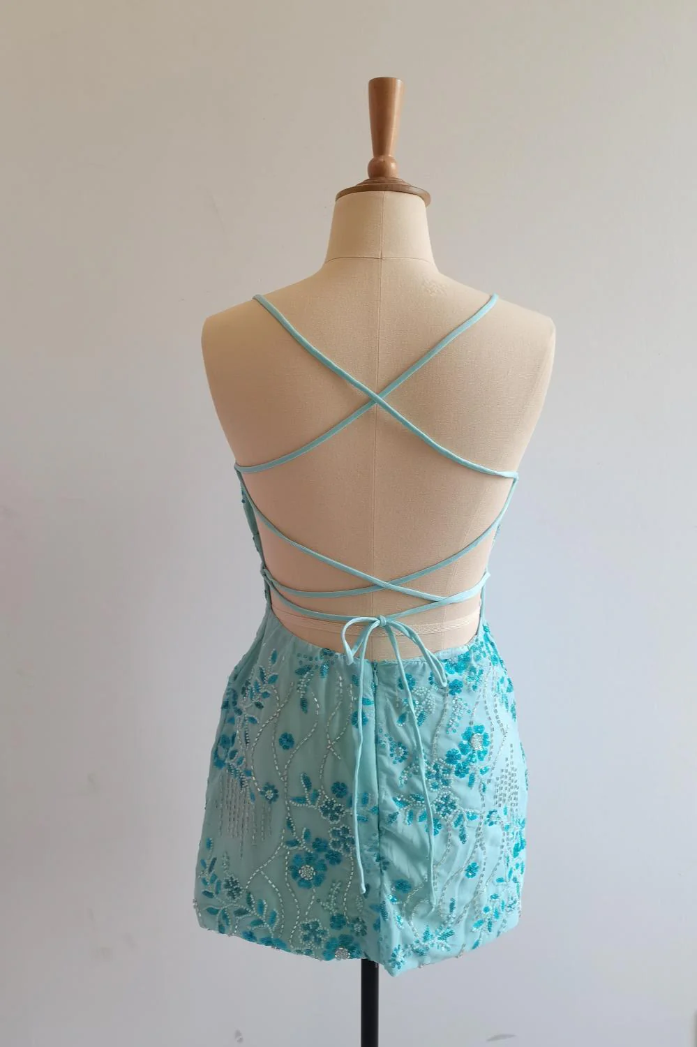 Spaghetti Straps Beaded Blue Mini Dress