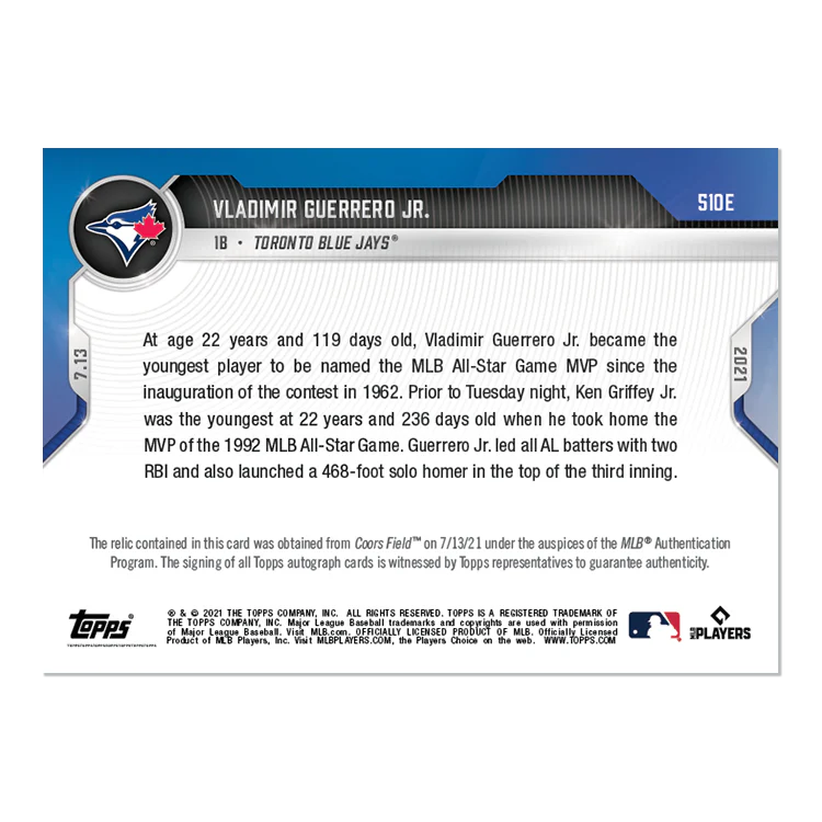On-Card Auto Base Relic # to 5 - Vladimir Guerrero Jr. - 2021 MLB TOPPS NOW® Card 510E