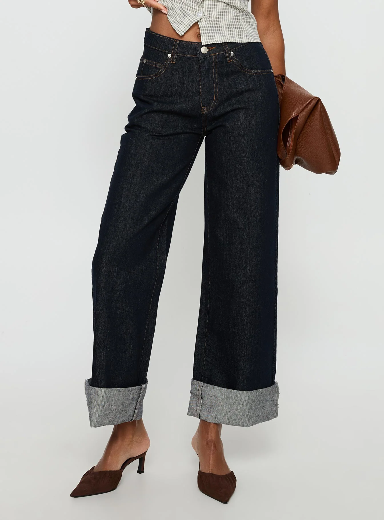 Squire Mid Rise Straight Leg Folded Hem Jeans Indigo Wash