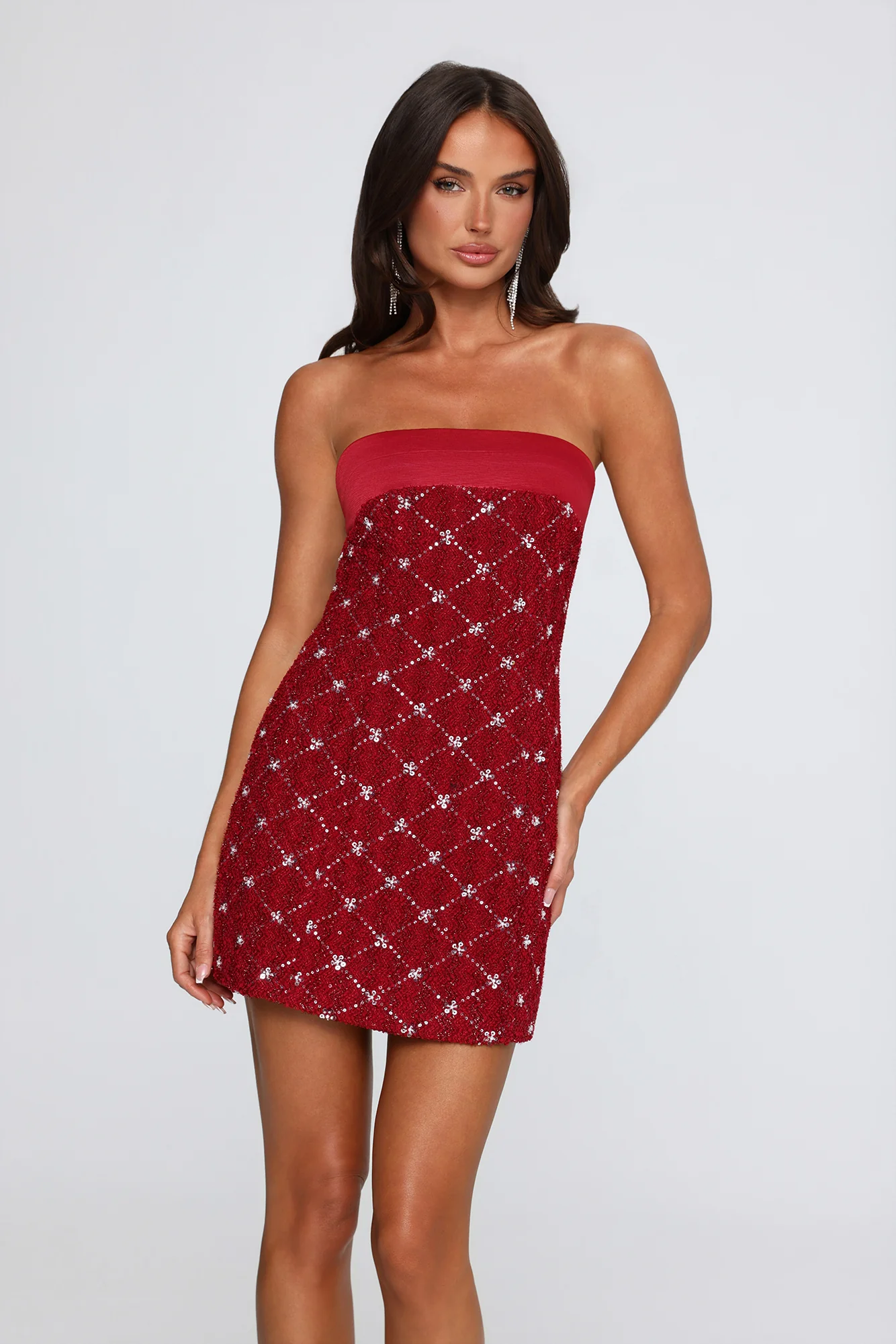 Luxe Vibe Embellished Strapless Mini Dress Wine