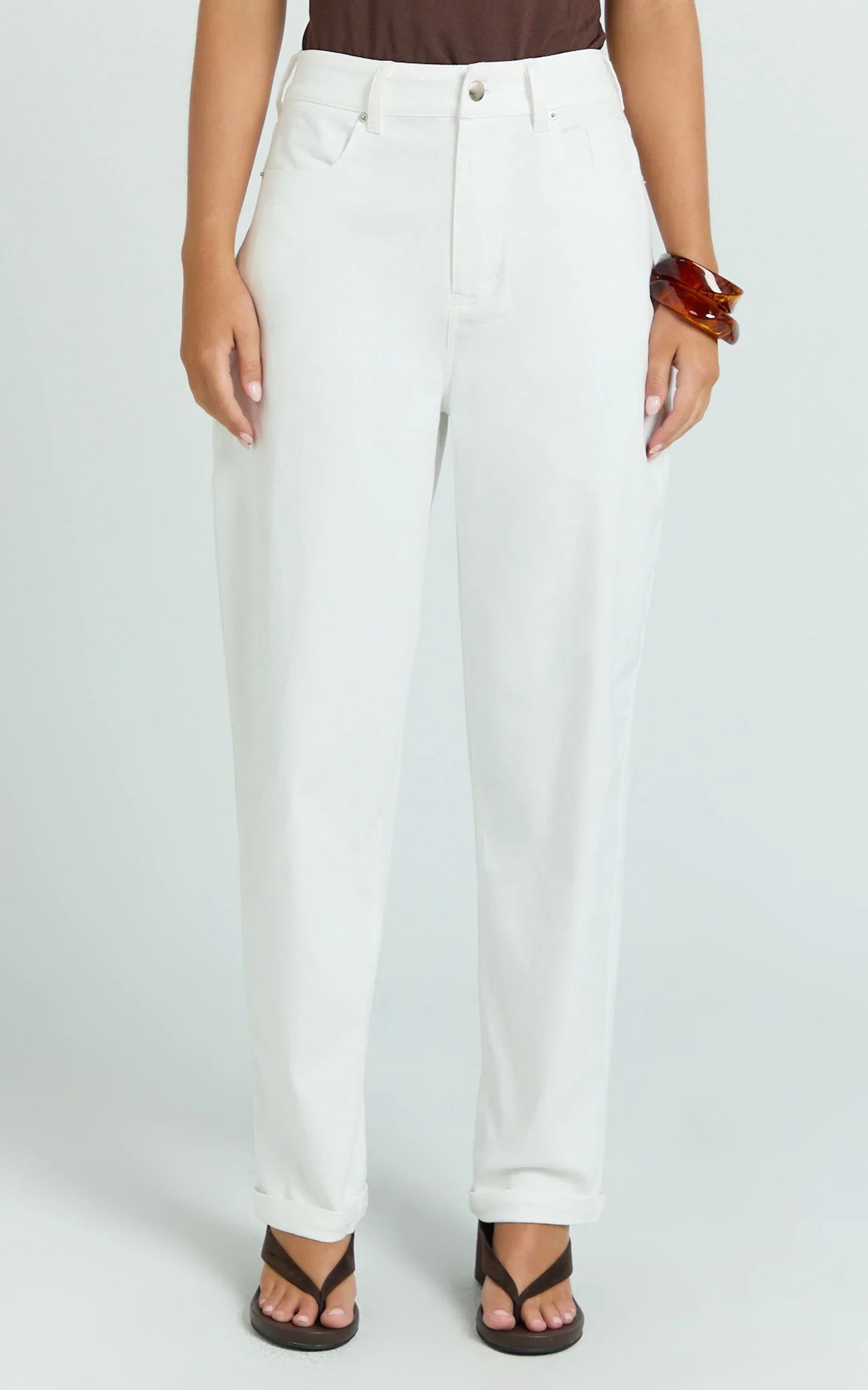Chaney Pants - Mid Rise Barrel Leg Pants in White