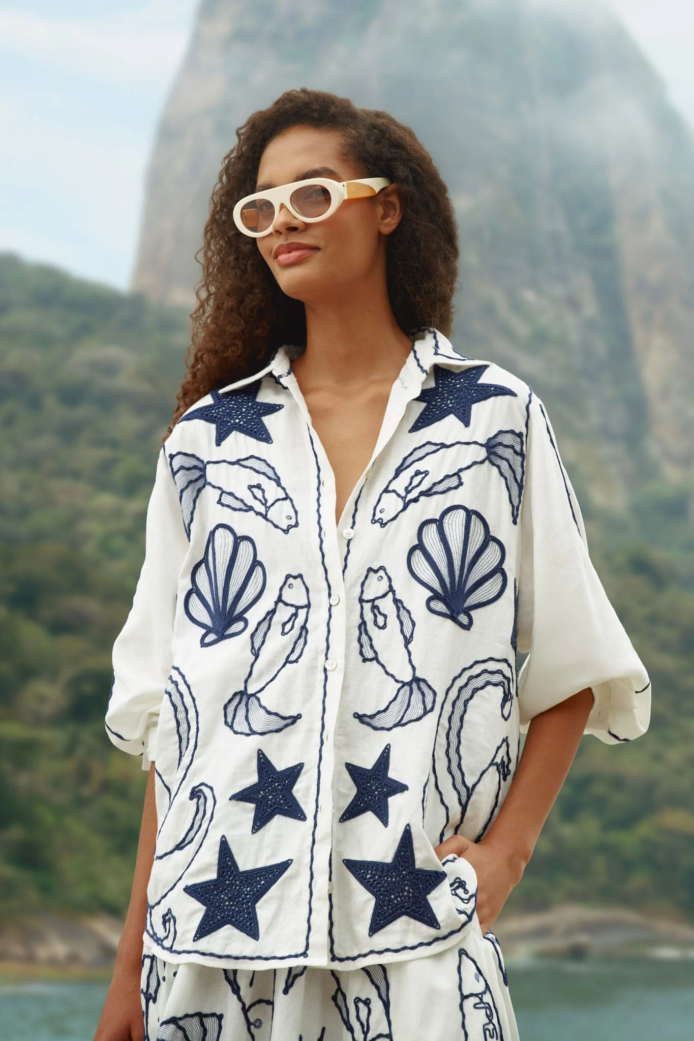 Off-White Fresh Fish Embroidered Puff Sleeve Shirt