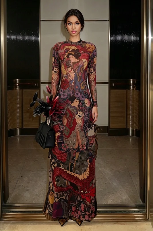 Round Neck Printed Waist Tie High Slit Maxi Dress