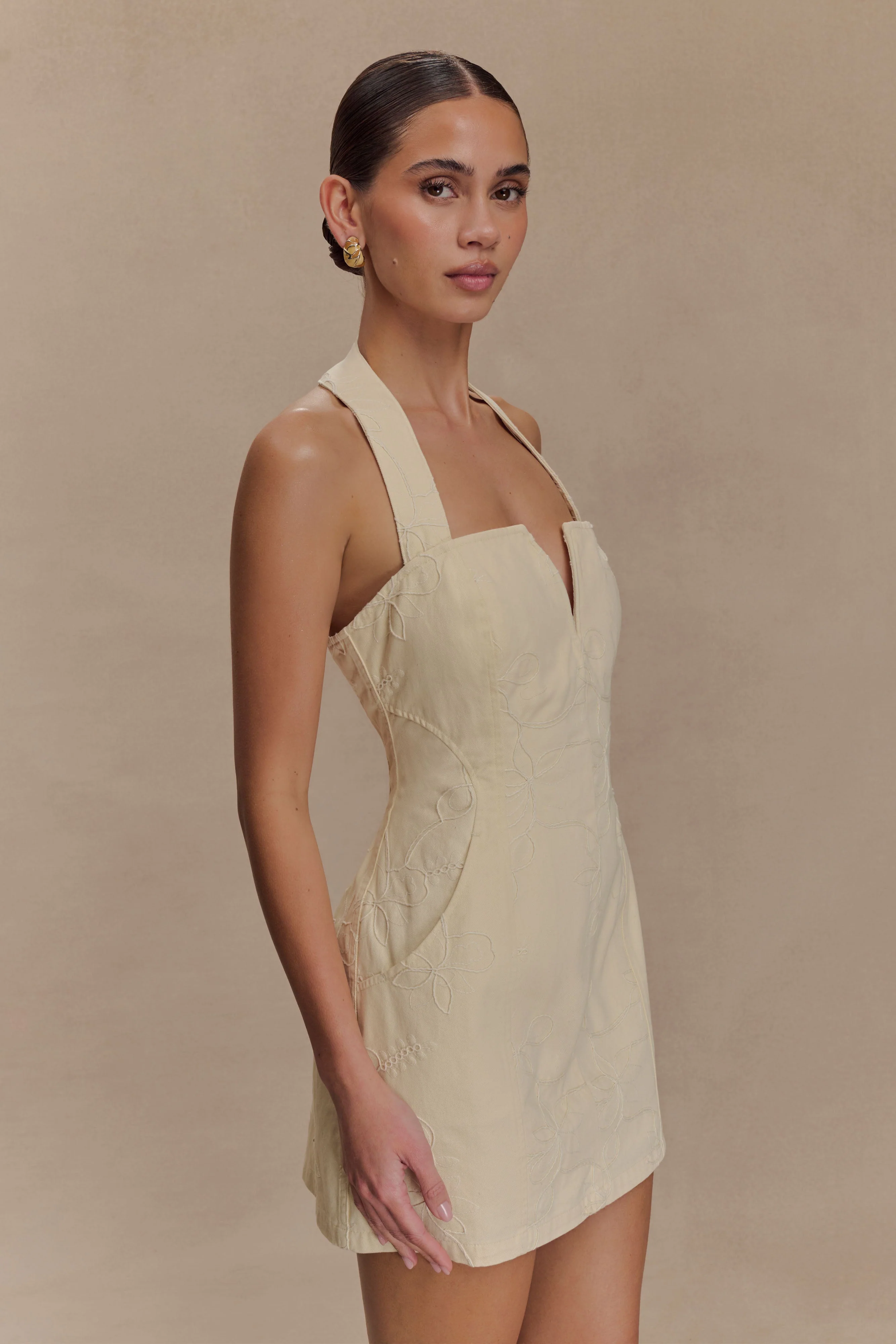 Ebony Embroidered Denim Mini Dress - Cream