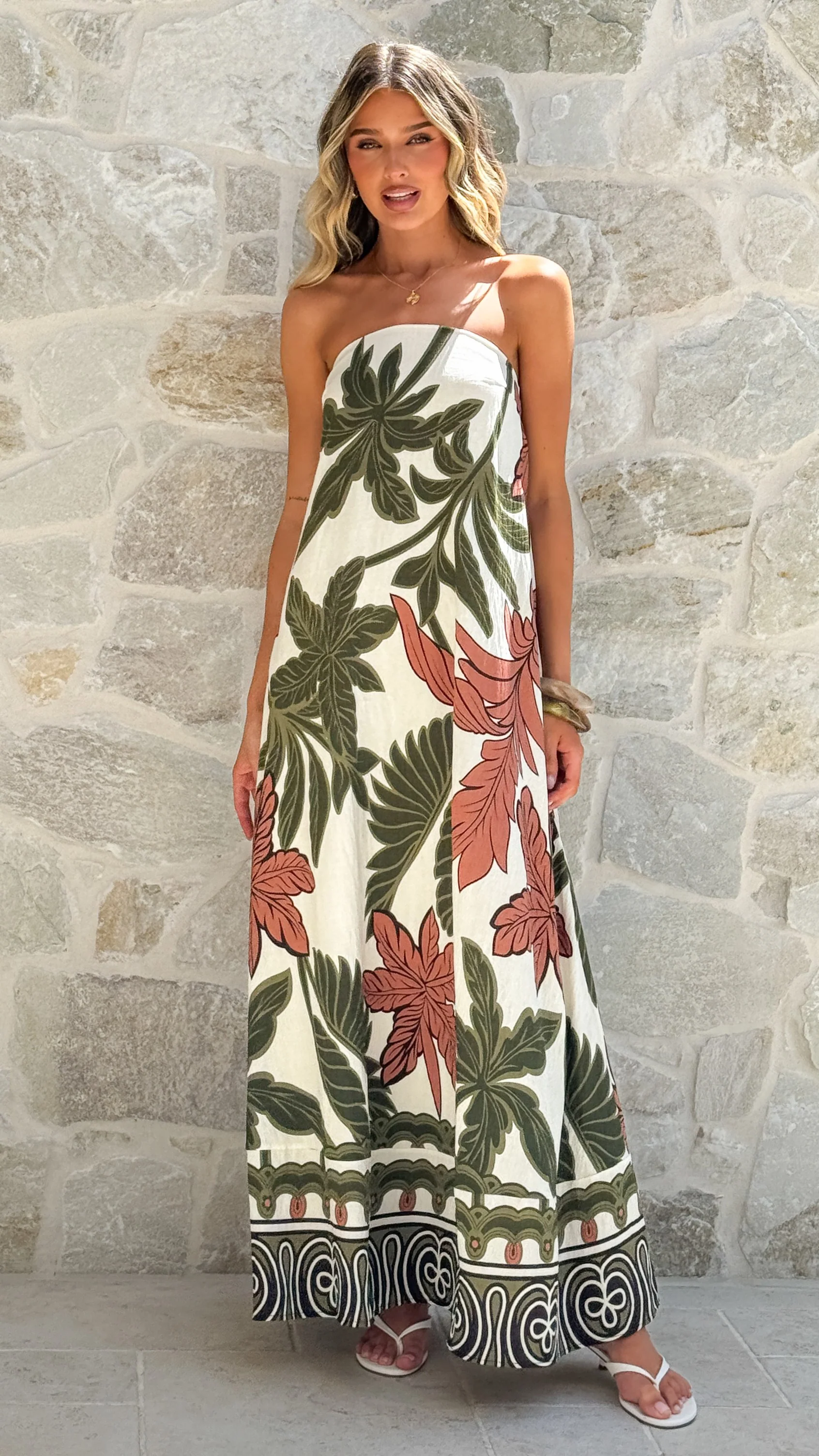 Connie Maxi Dress - Green/Beige Palm