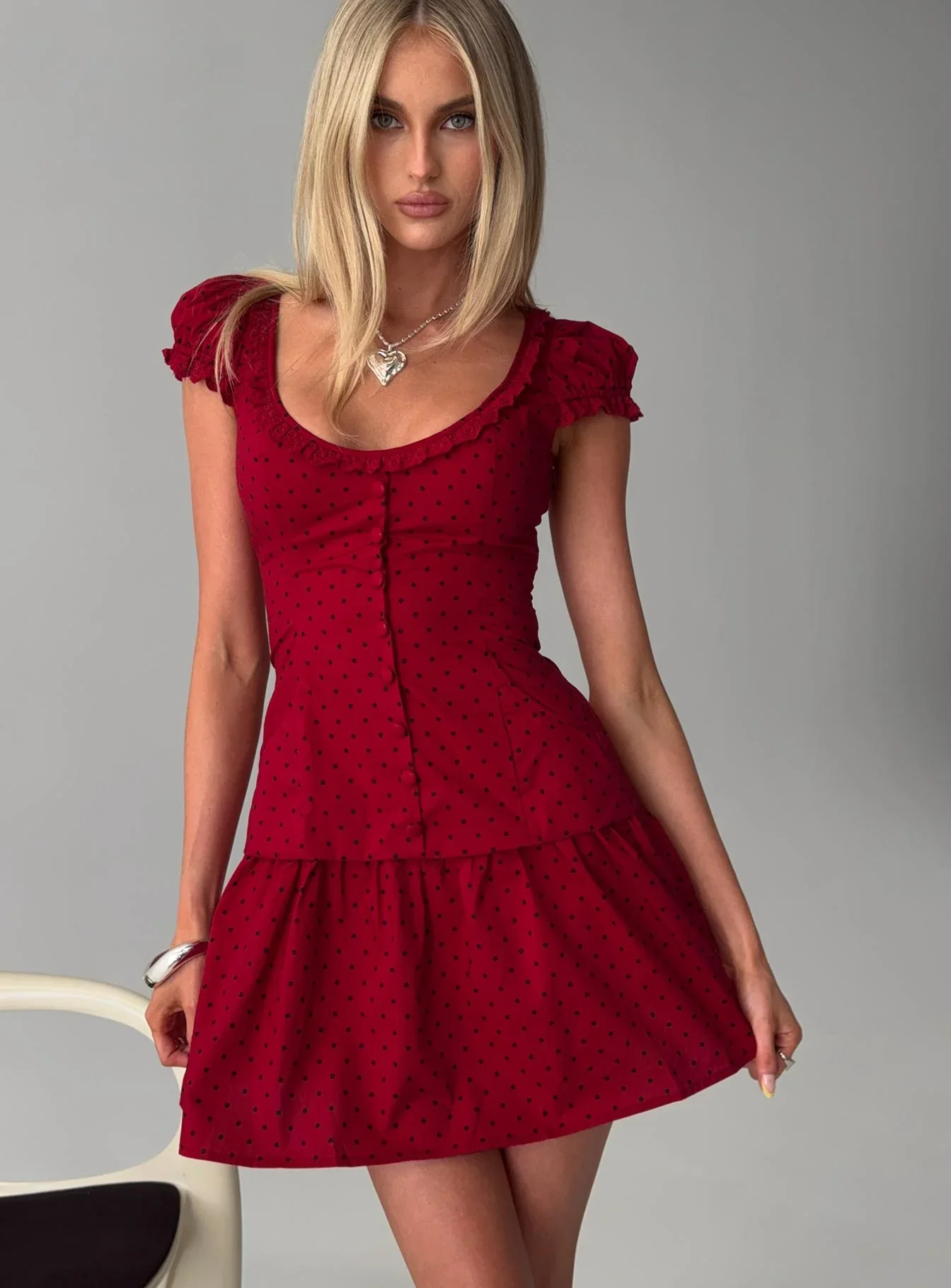 Ottillie Lace Trim Button Down Mini Dress Red Polka Dot