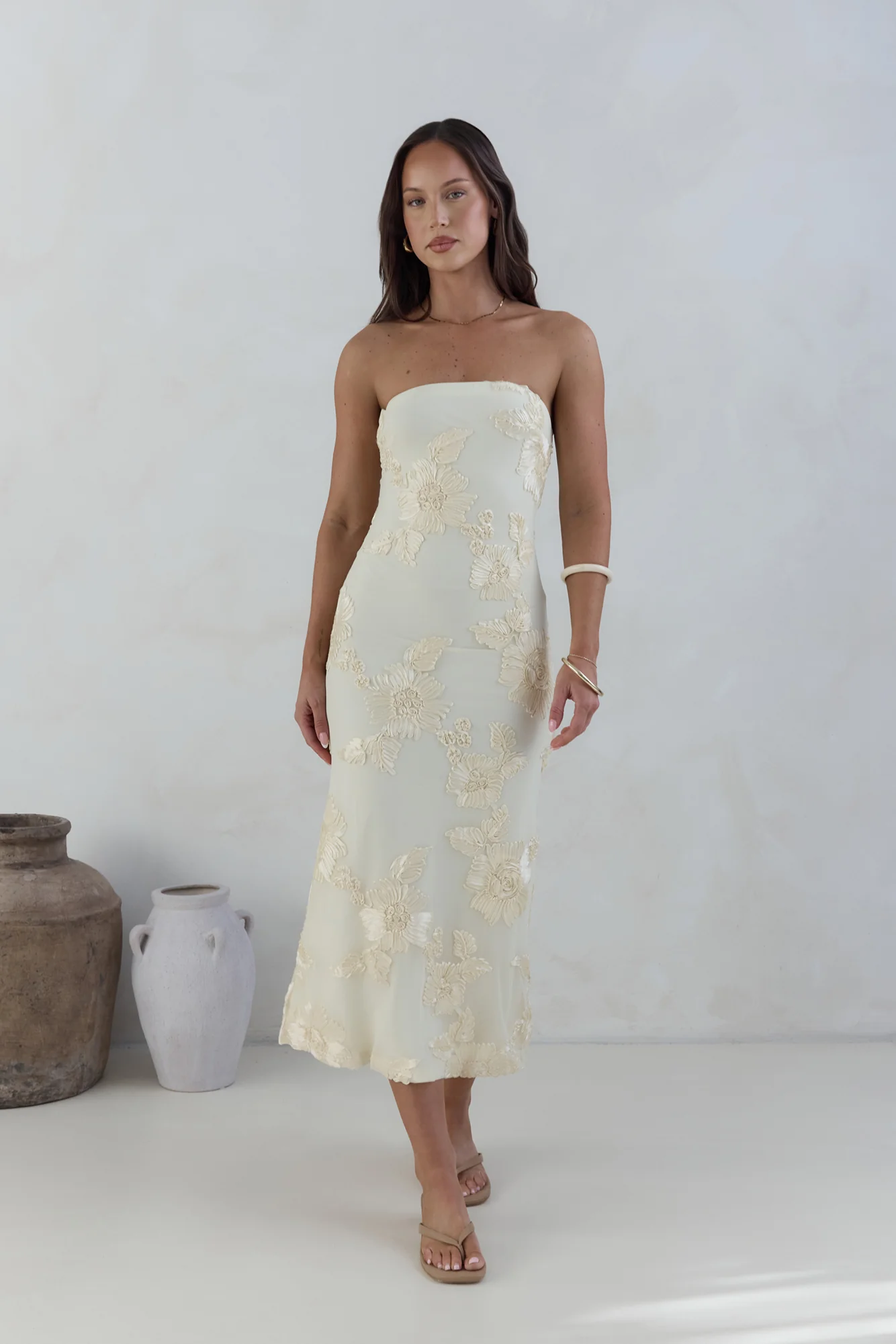 Golden Voyage Strapless Midi Dress Yellow