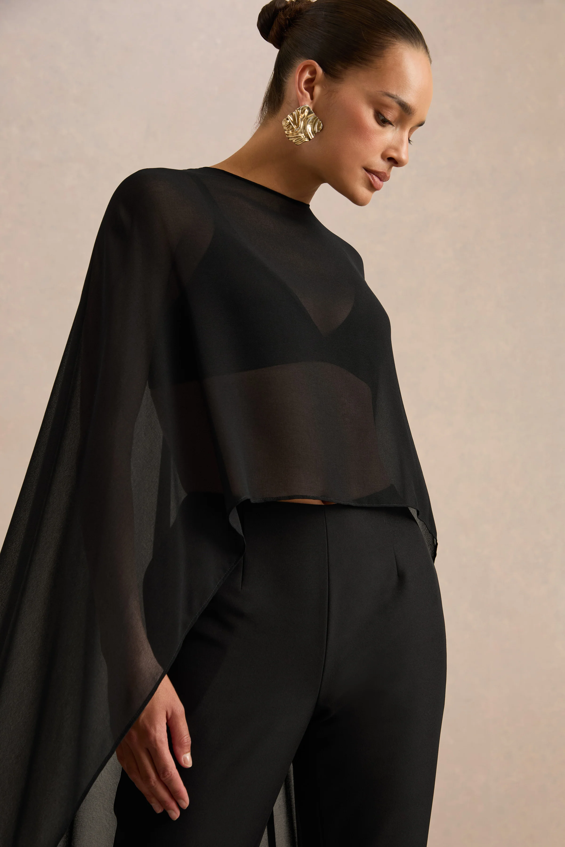 Yanina | Black Chiffon Round Neck Long Sleeve Cape Top