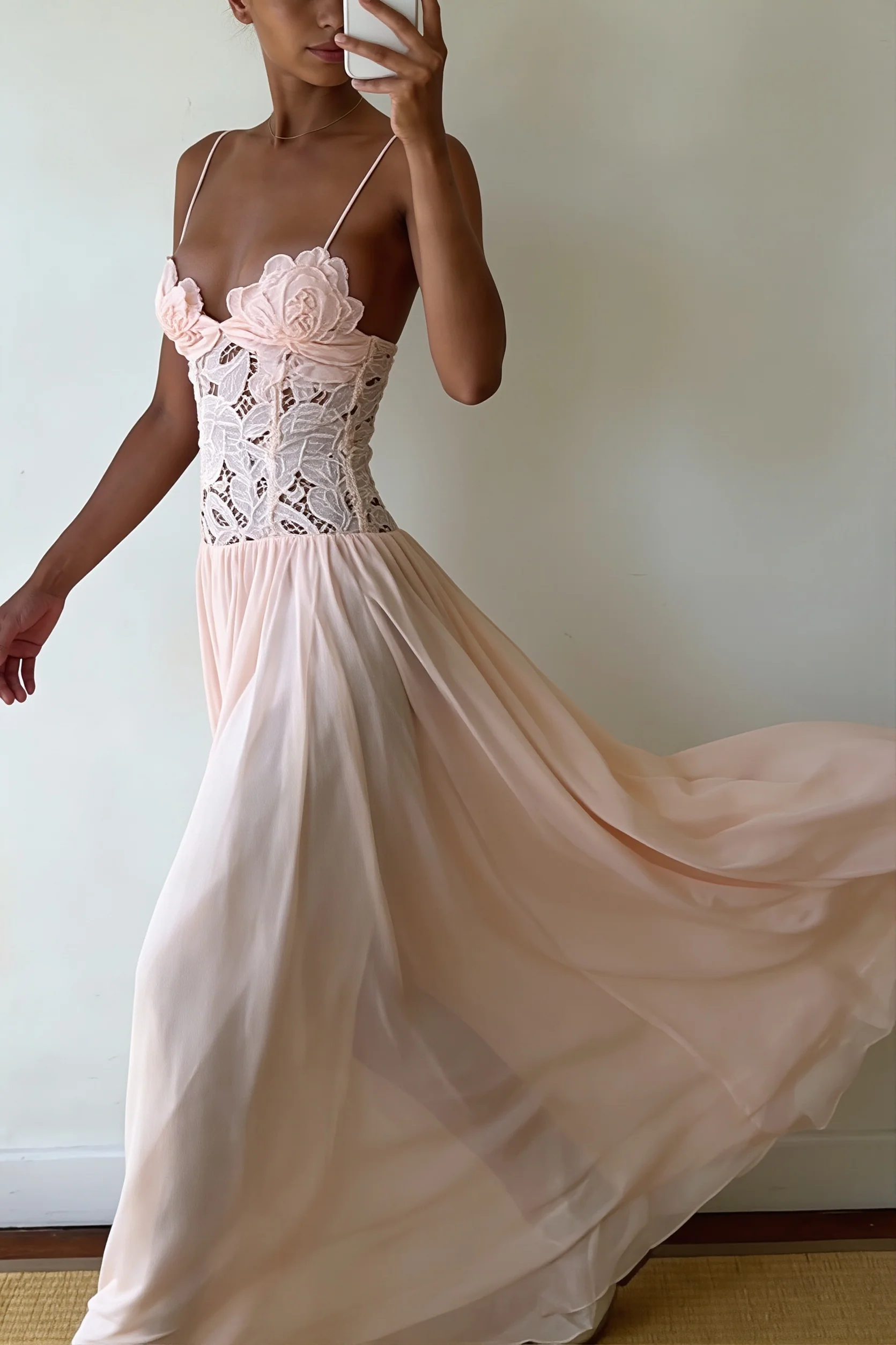 Elegant Lace Hollow Splice Chiffon Dress