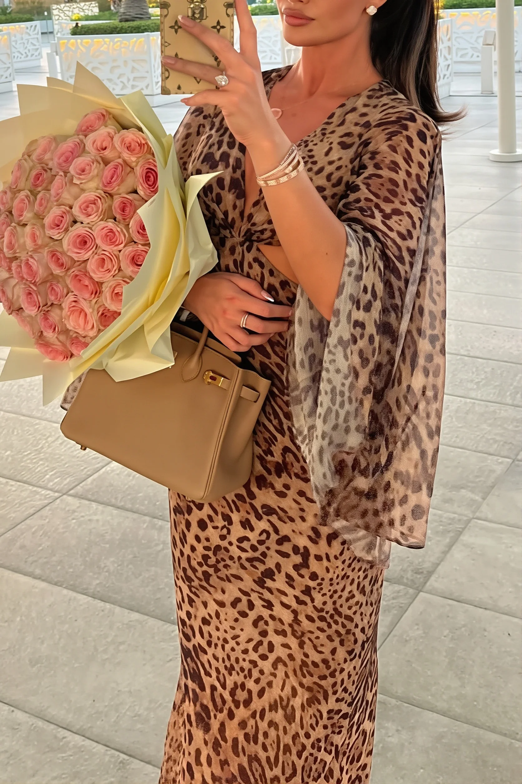 Hollow Out Leopard Flare Slit Maxi Dress