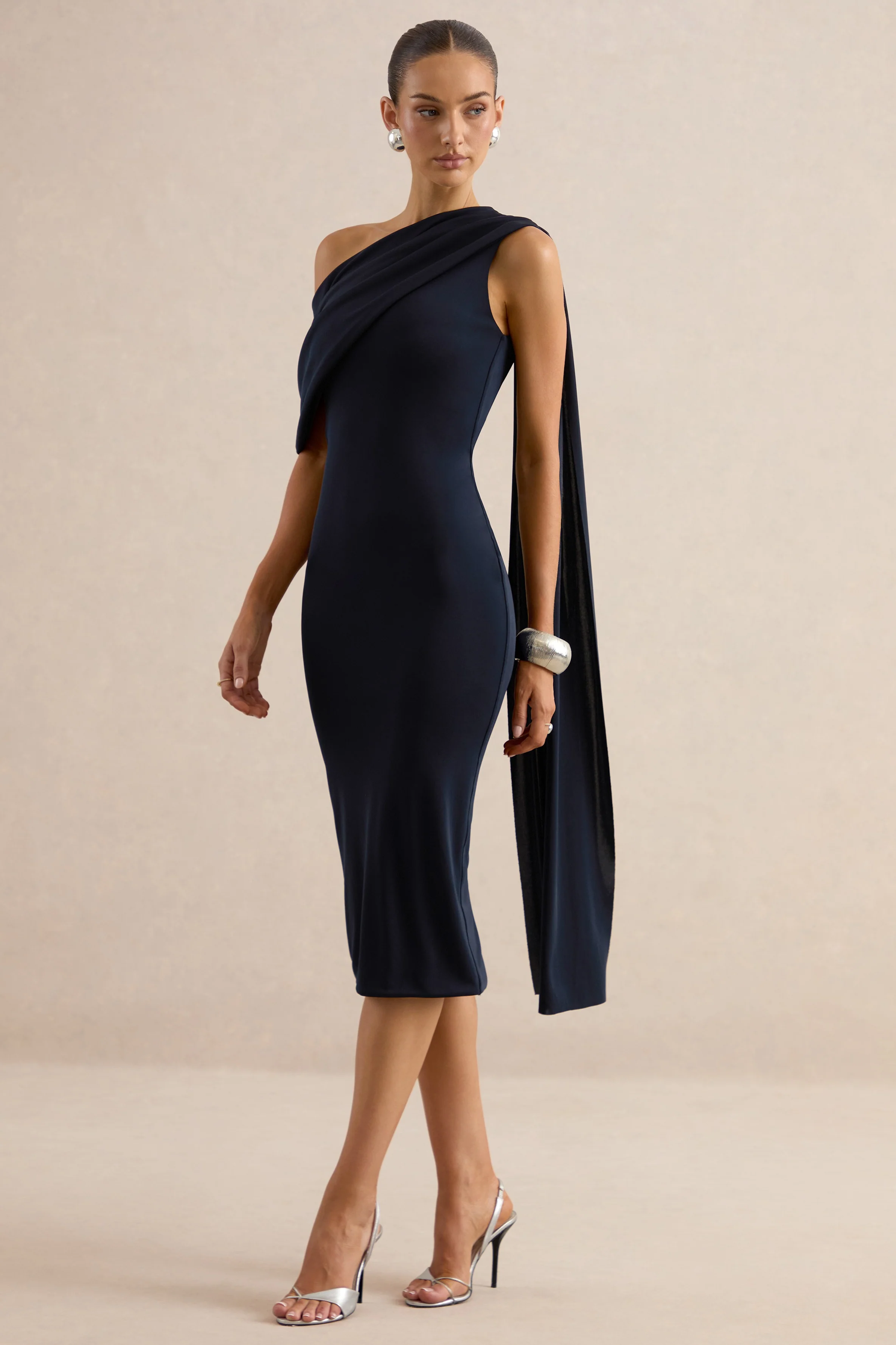 Madelisse | Navy Asymmetric-Neck Midi Dress With Sash