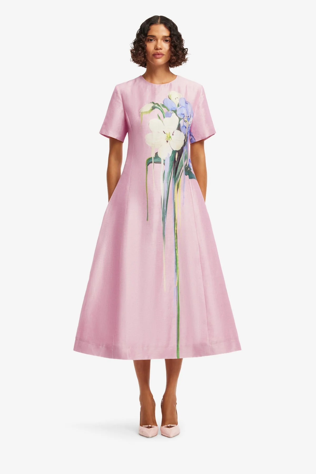 Caroline Short Sleeve Midi Dress - Bouquet Print in Pastel Pink