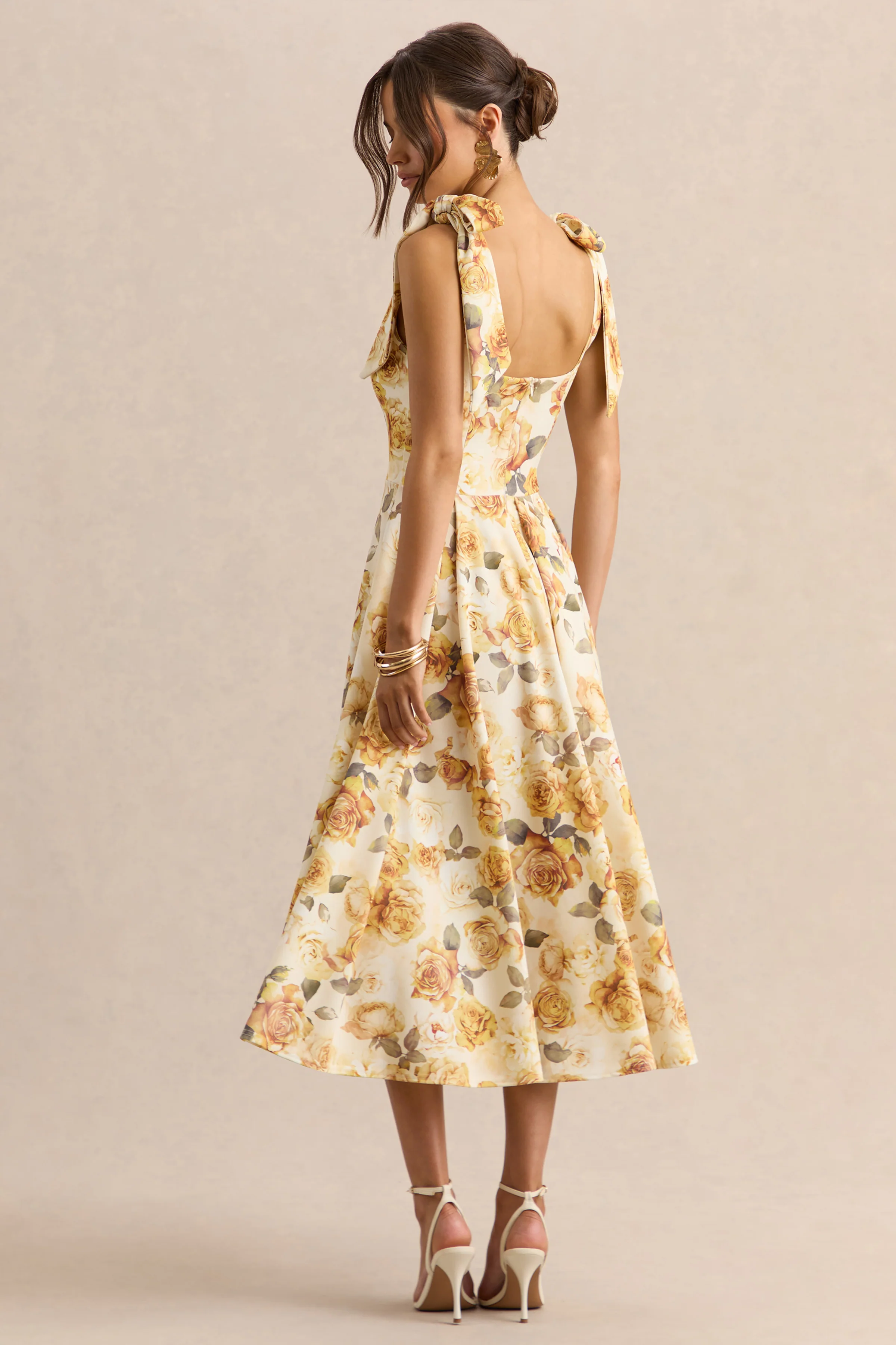 Mena | Lemon Rose Print Square-Neck Midi Dress With Bow Sleeves