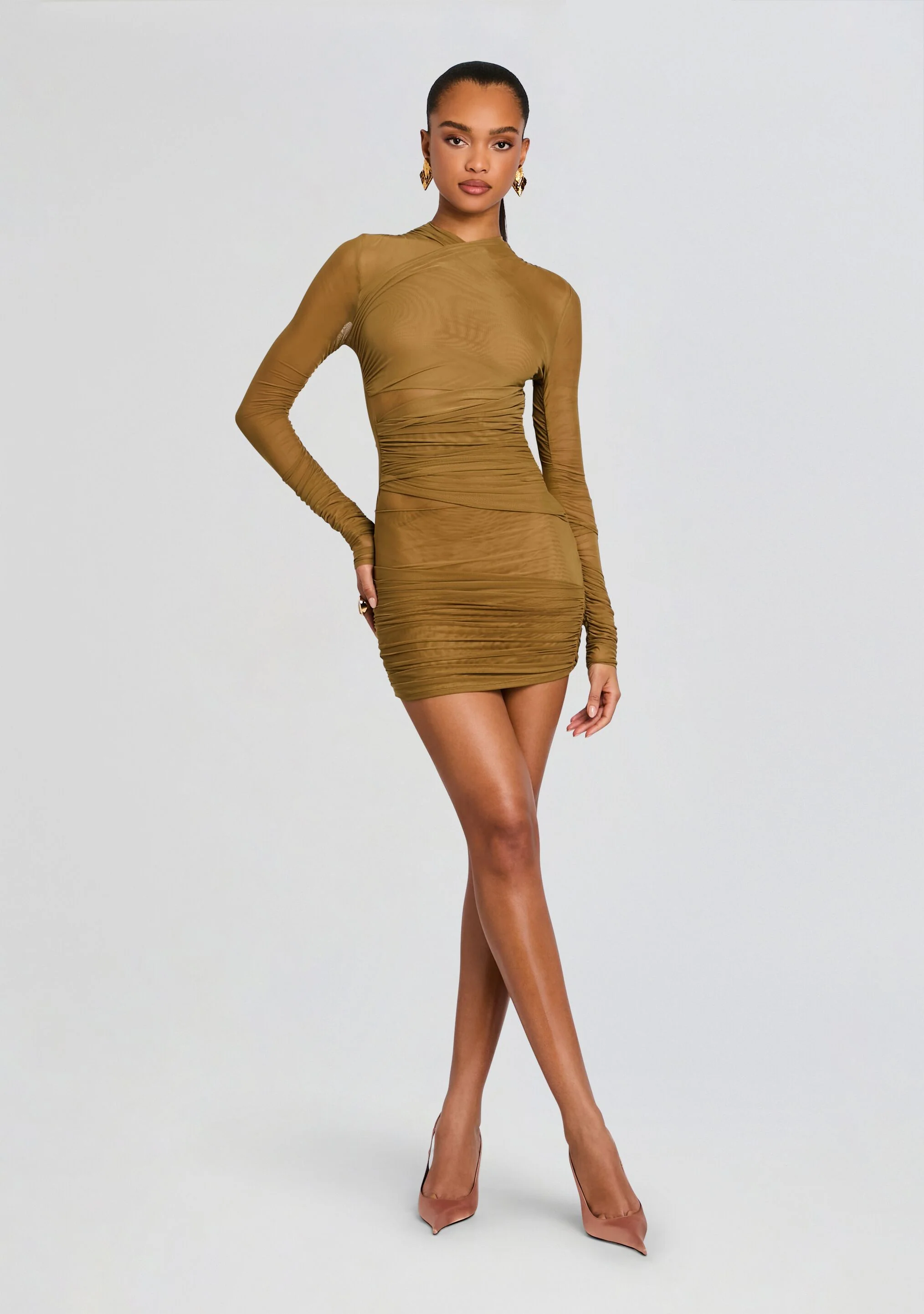 Moxey Ruched Mesh Mini Dress