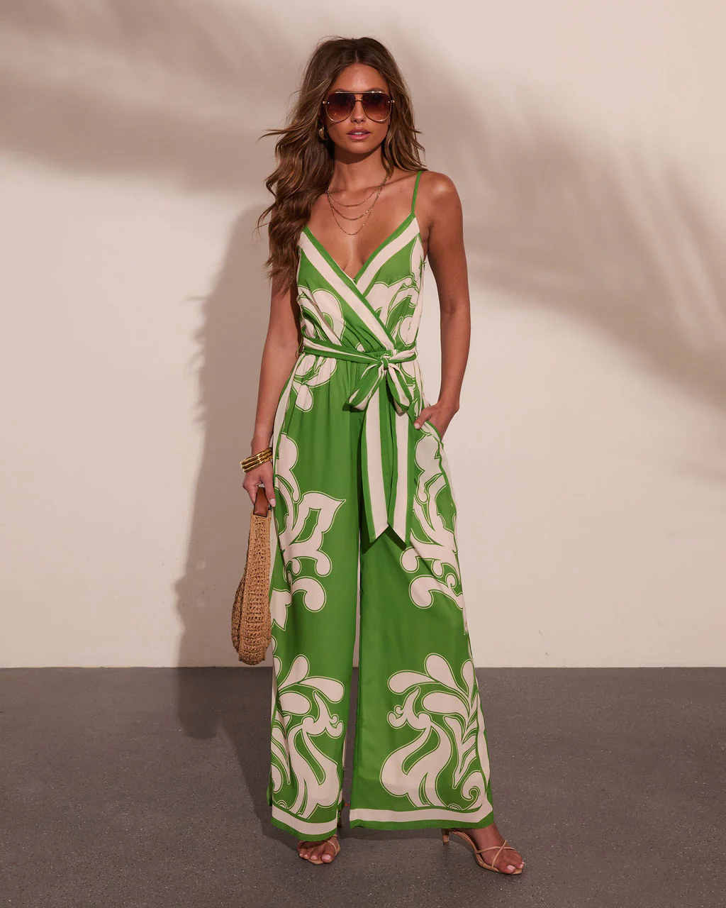 Travel Muse Tropical Print Waist Tie Jumpsuit