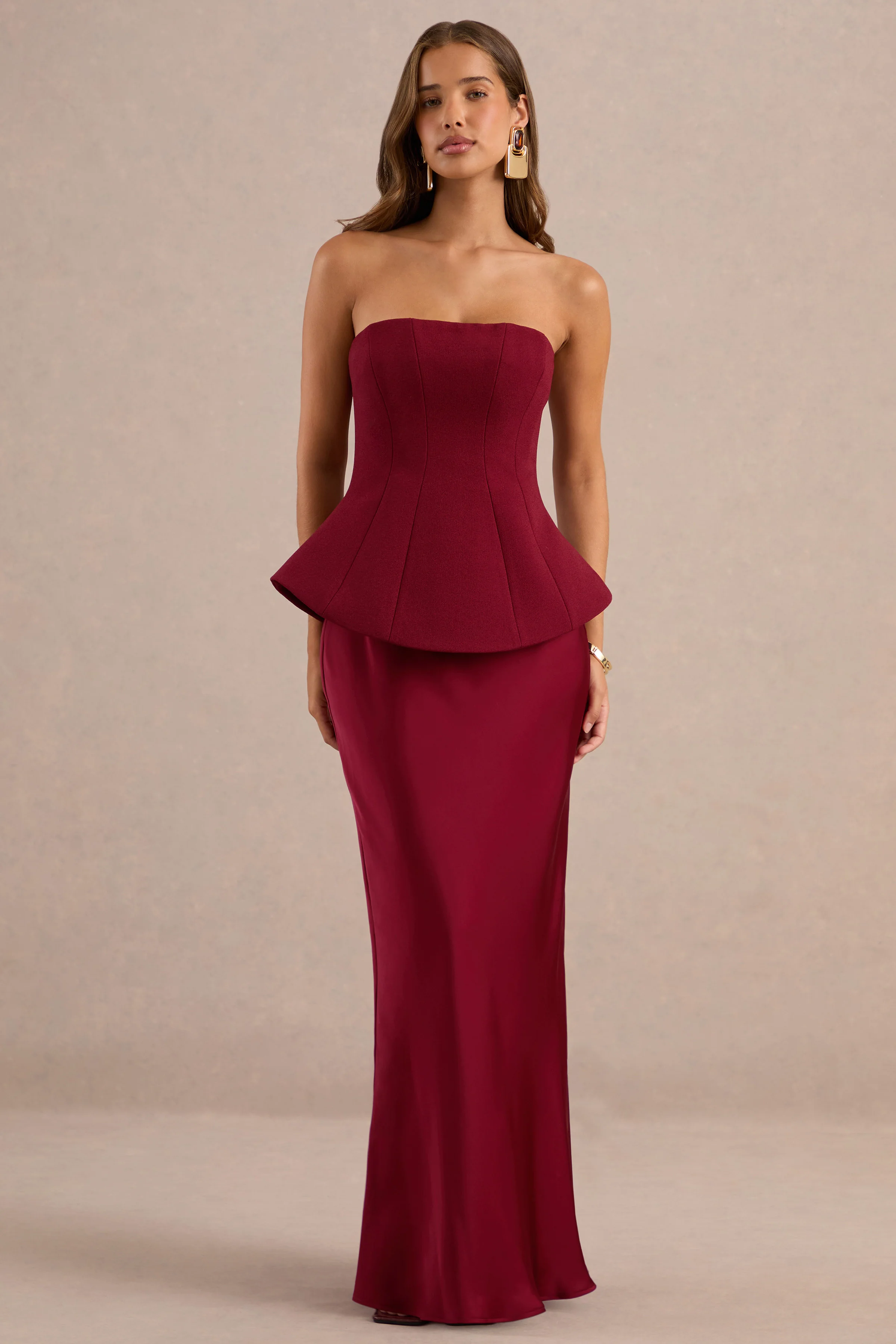 Ohio | Burgundy Bandeau Maxi Dress With Satin Skirt And Corset