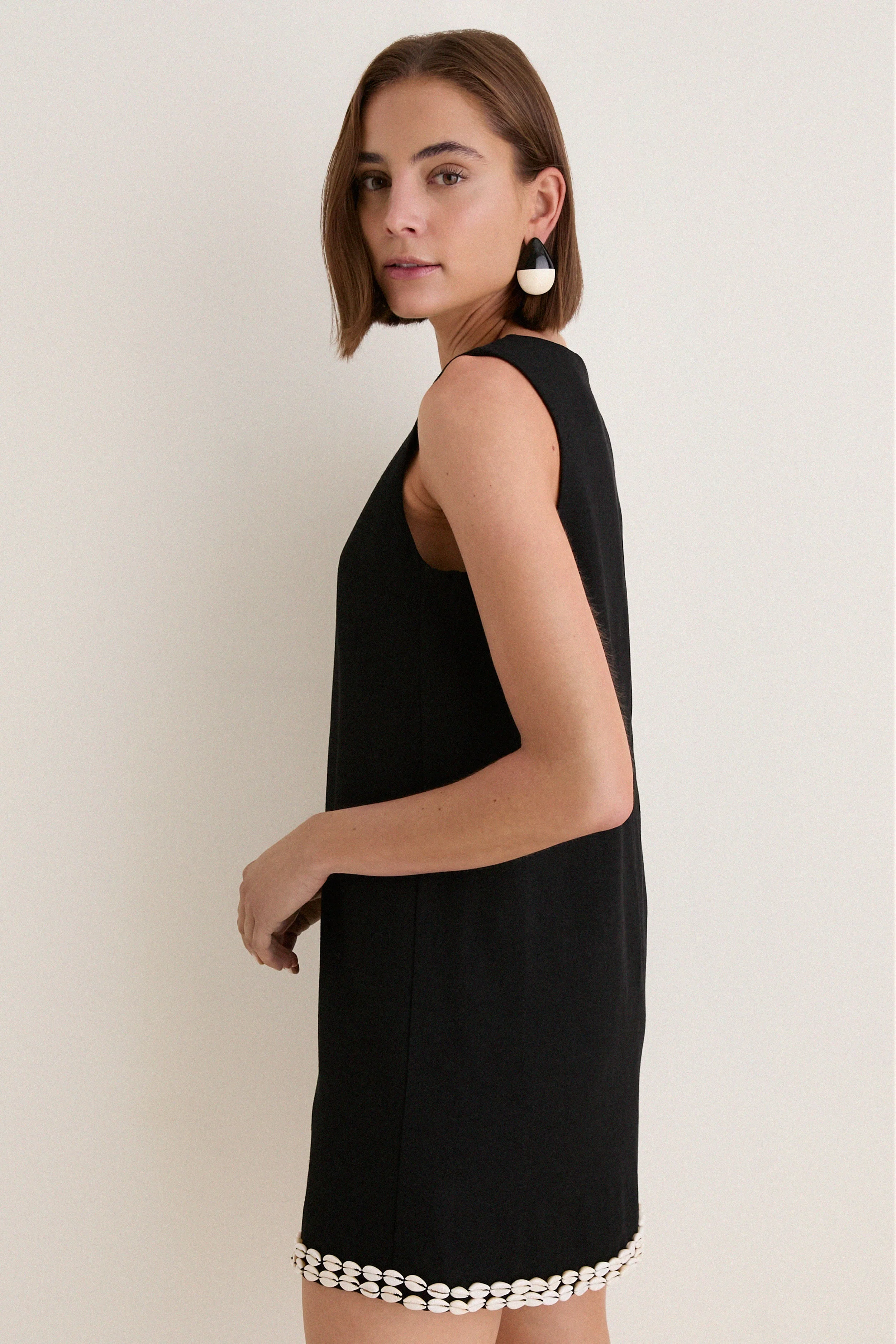 Black & Puka Shell Trim Solene Mini Dress