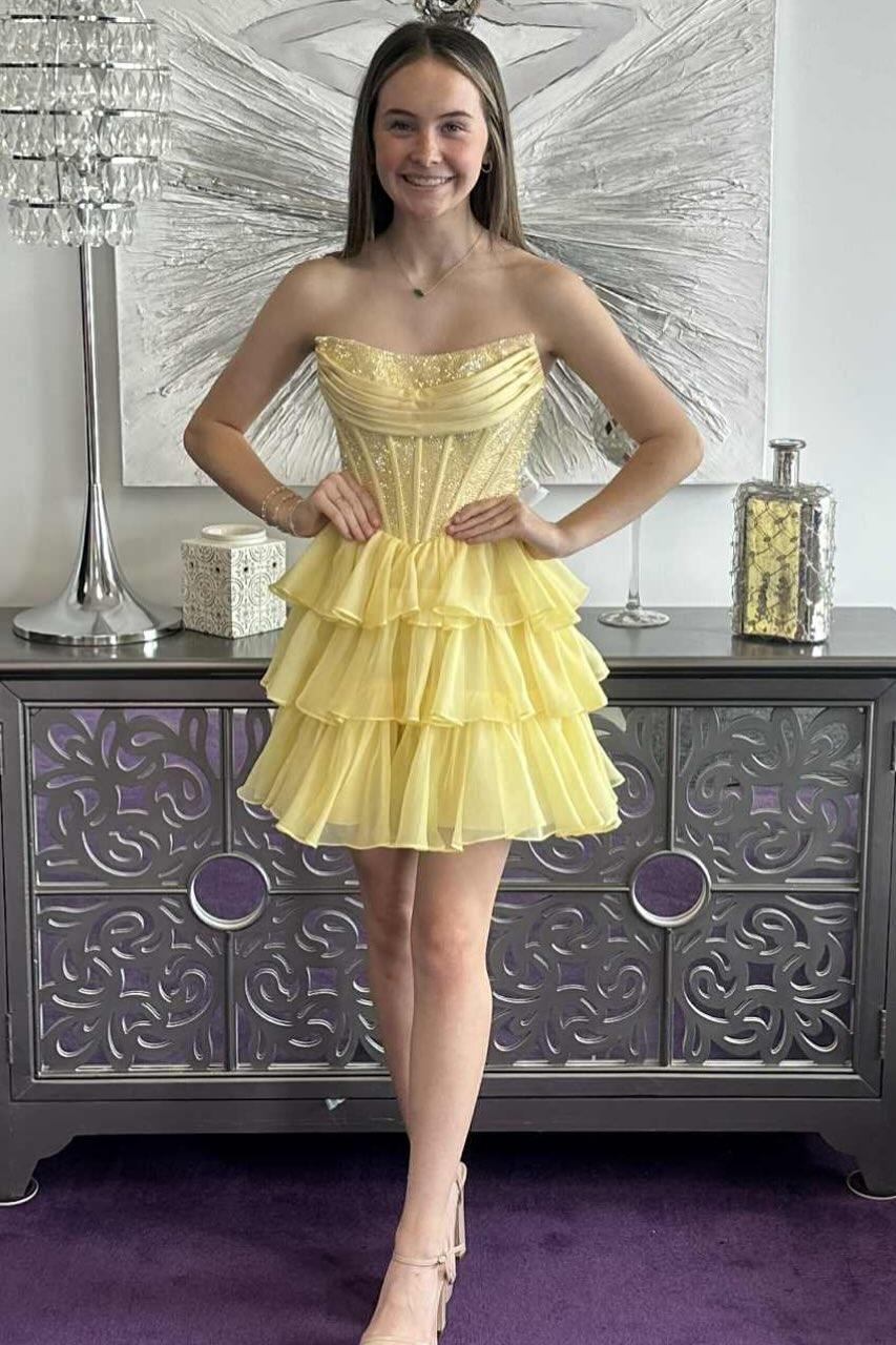 Yellow Beaded Ruffle A-line Short Dress