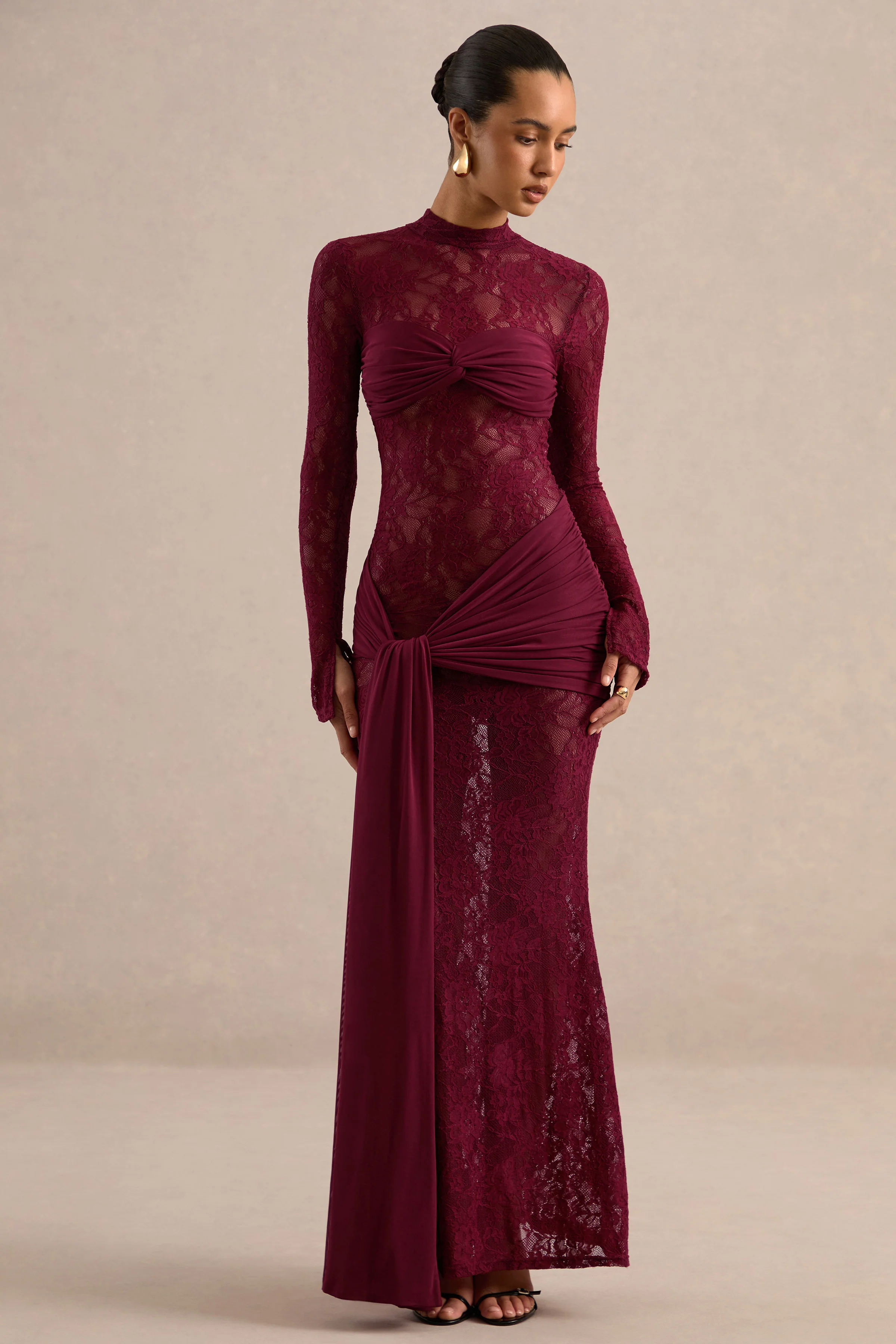 Akira | Red Sheer Lace High Neck Long Sleeve Maxi Dress With Gathered Detailing And Sash