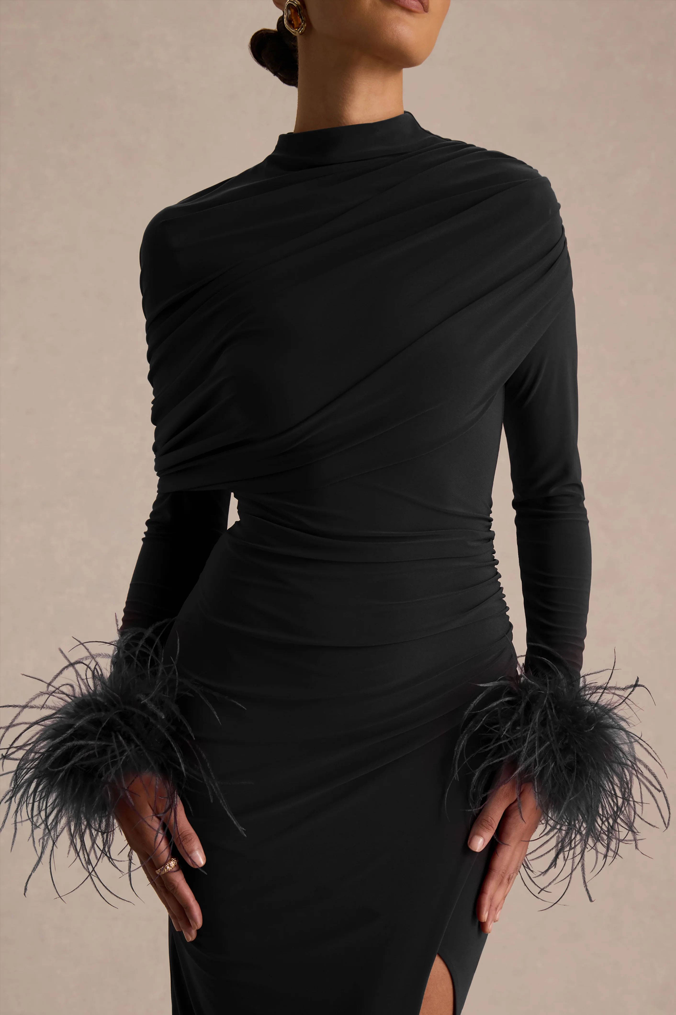 Gatsby | Black High-Neck Maxi Dress With Feather Trim Cuffs