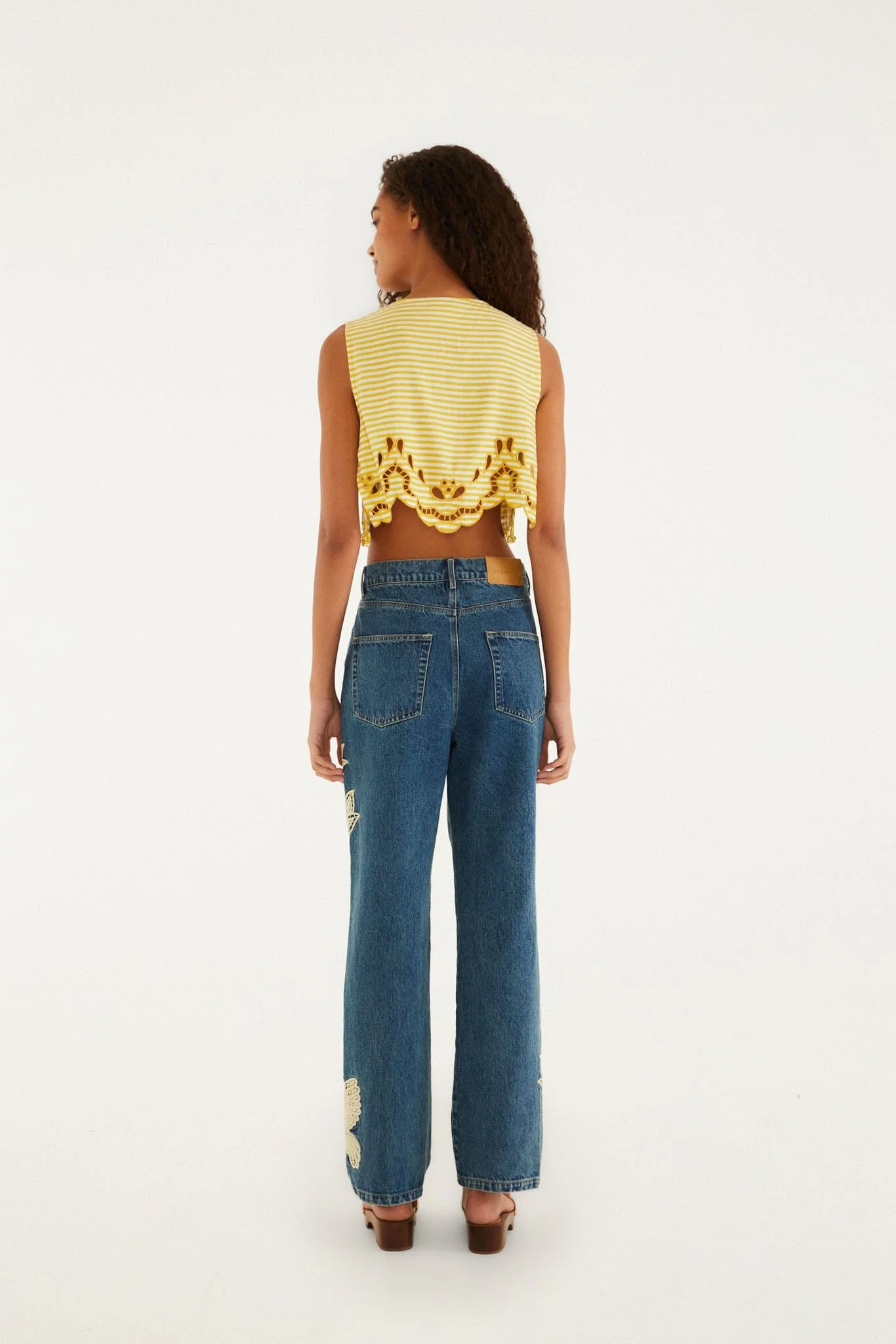 Denim Birds Embroidered Pants