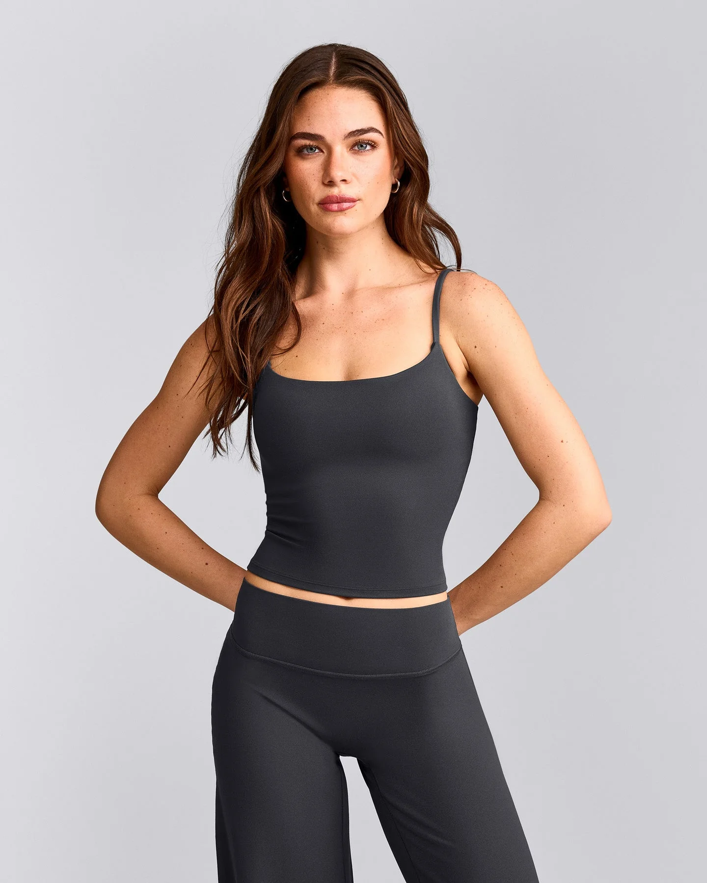 SoftMotion™ Strappy Mid Vest with Built in Bra Shelf with Grey Logo | Coal