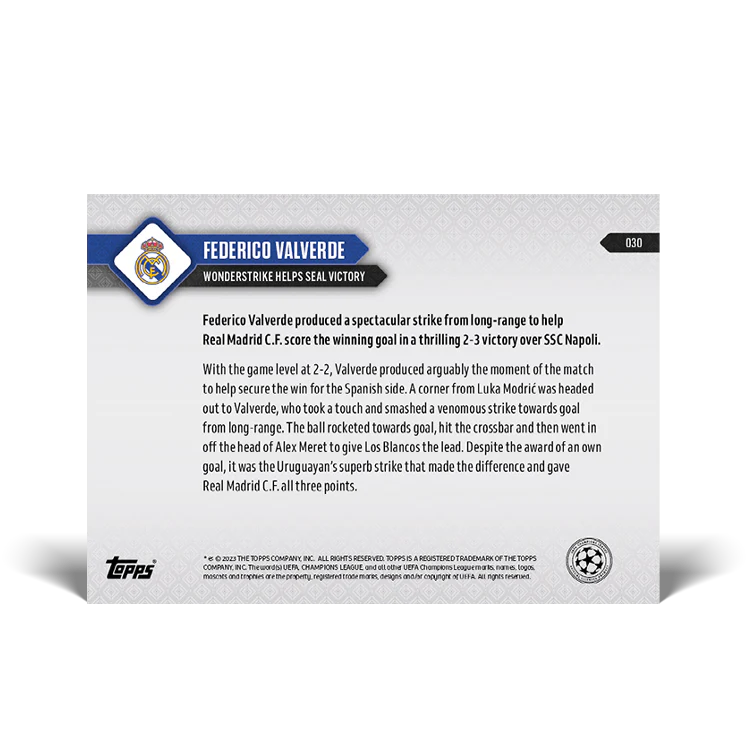 Topps UK - Federico Valverde - Wonderstrike helps seal victory - UCL TOPPS NOW® Card #30