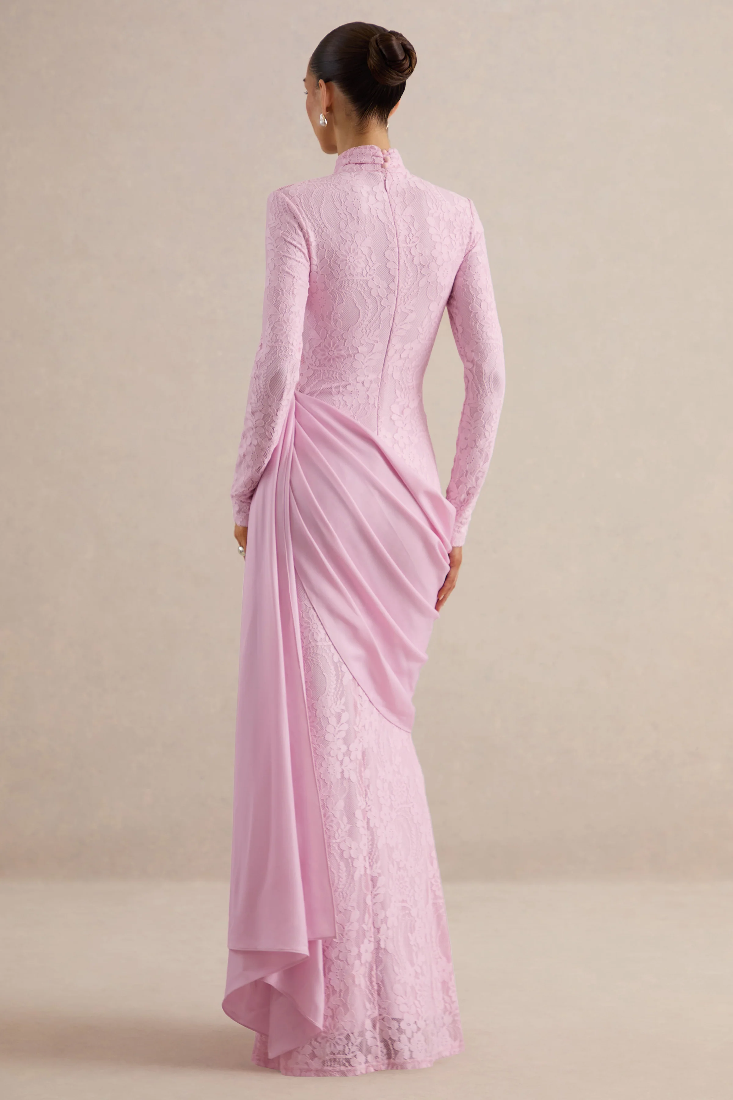 Enestra | Pink Lace High Neck Long Sleeve Maxi Dress With Draped Detailing And Sash