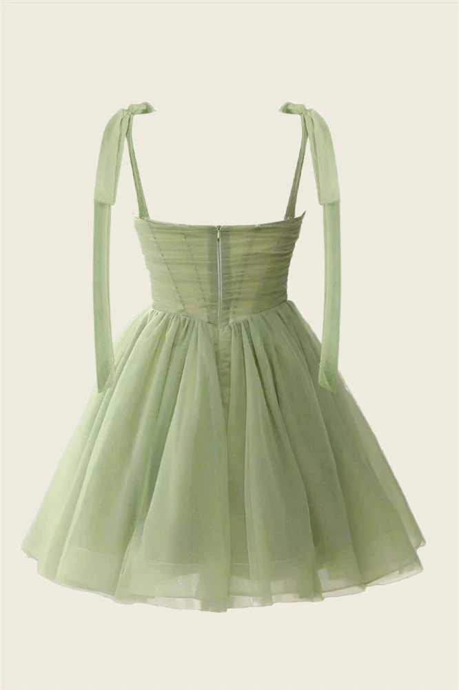 V-neck Sage Green Pleated A-line Short Dress