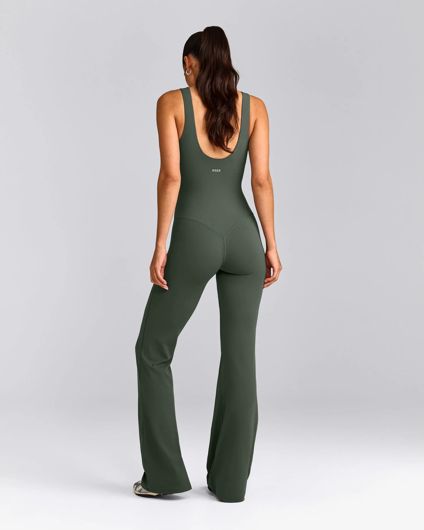 SoftMotion™ Scoop Back Flared All In One Long with Grey Logo | Dark Khaki