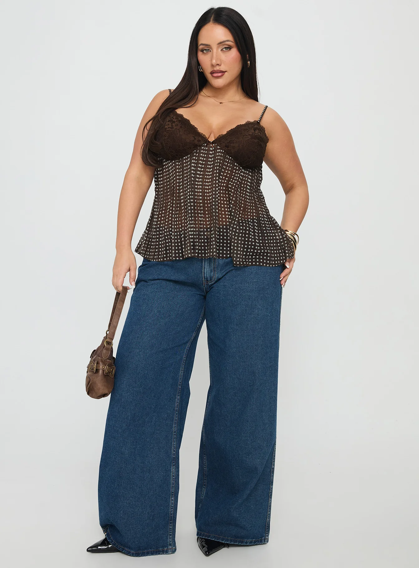 Zami Pleat Top Brown Polka Curve