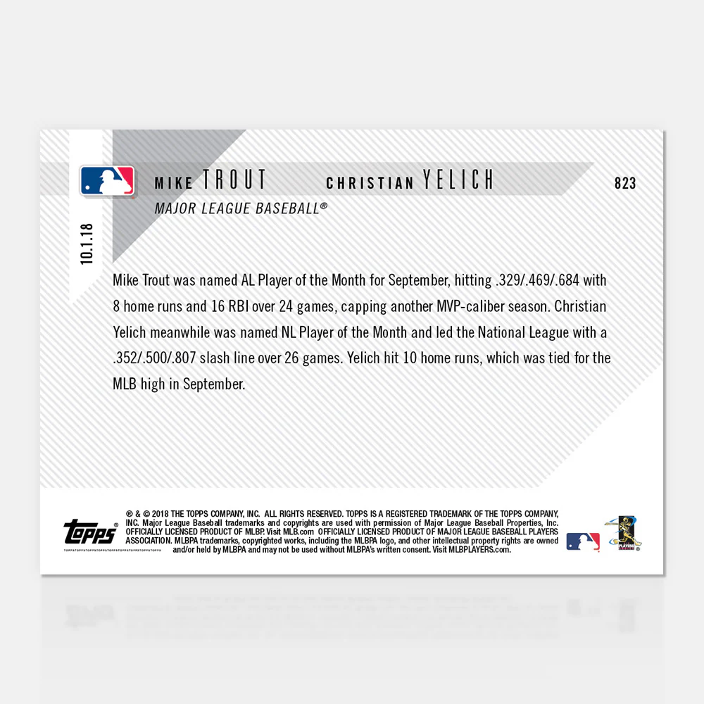 Christian Yelich,Mike Trout - 10/01/2018 TOPPS NOW® Card 823 - Print Run: 714