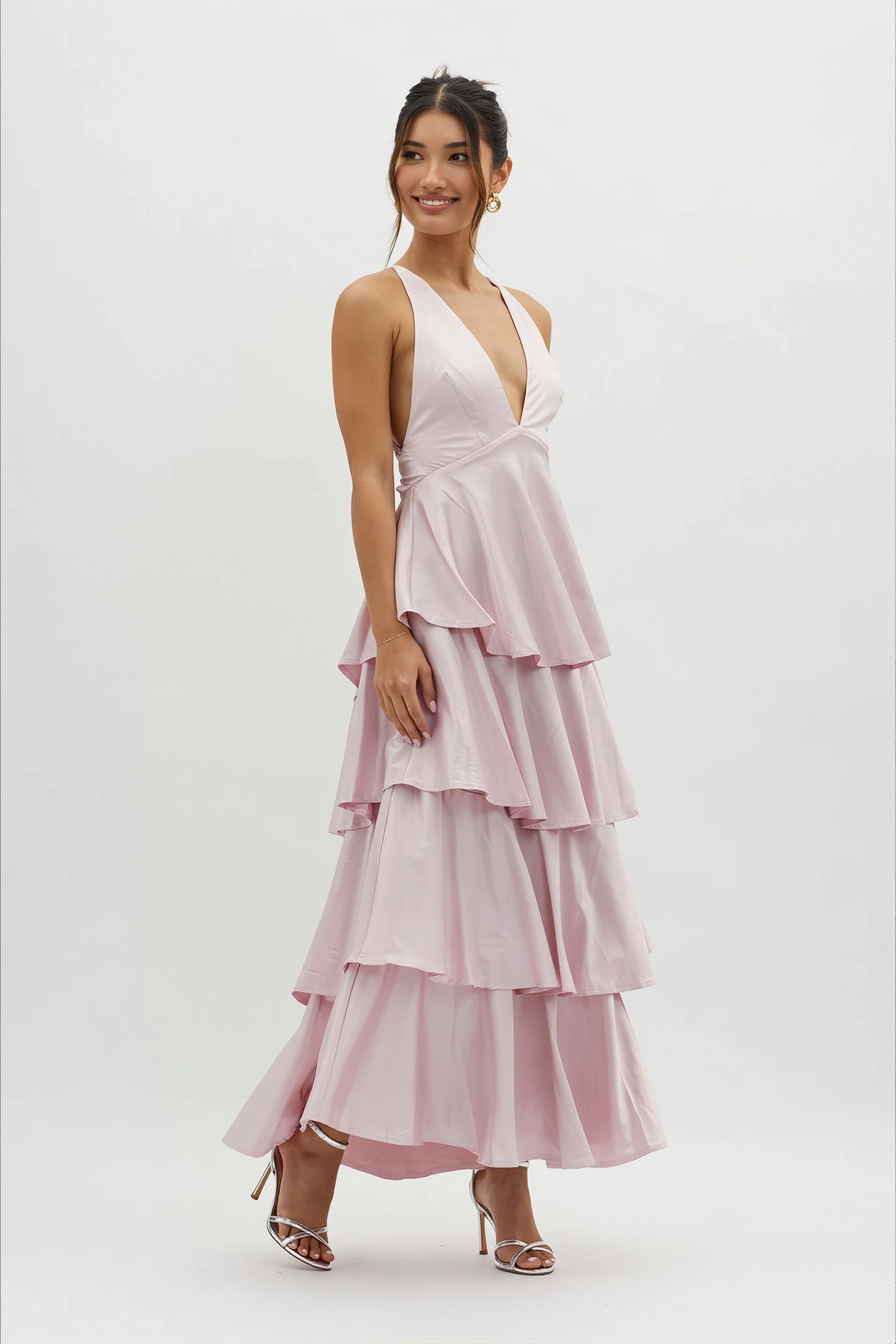 Satin V-Neck Cami Tiered Slim Maxi Dress