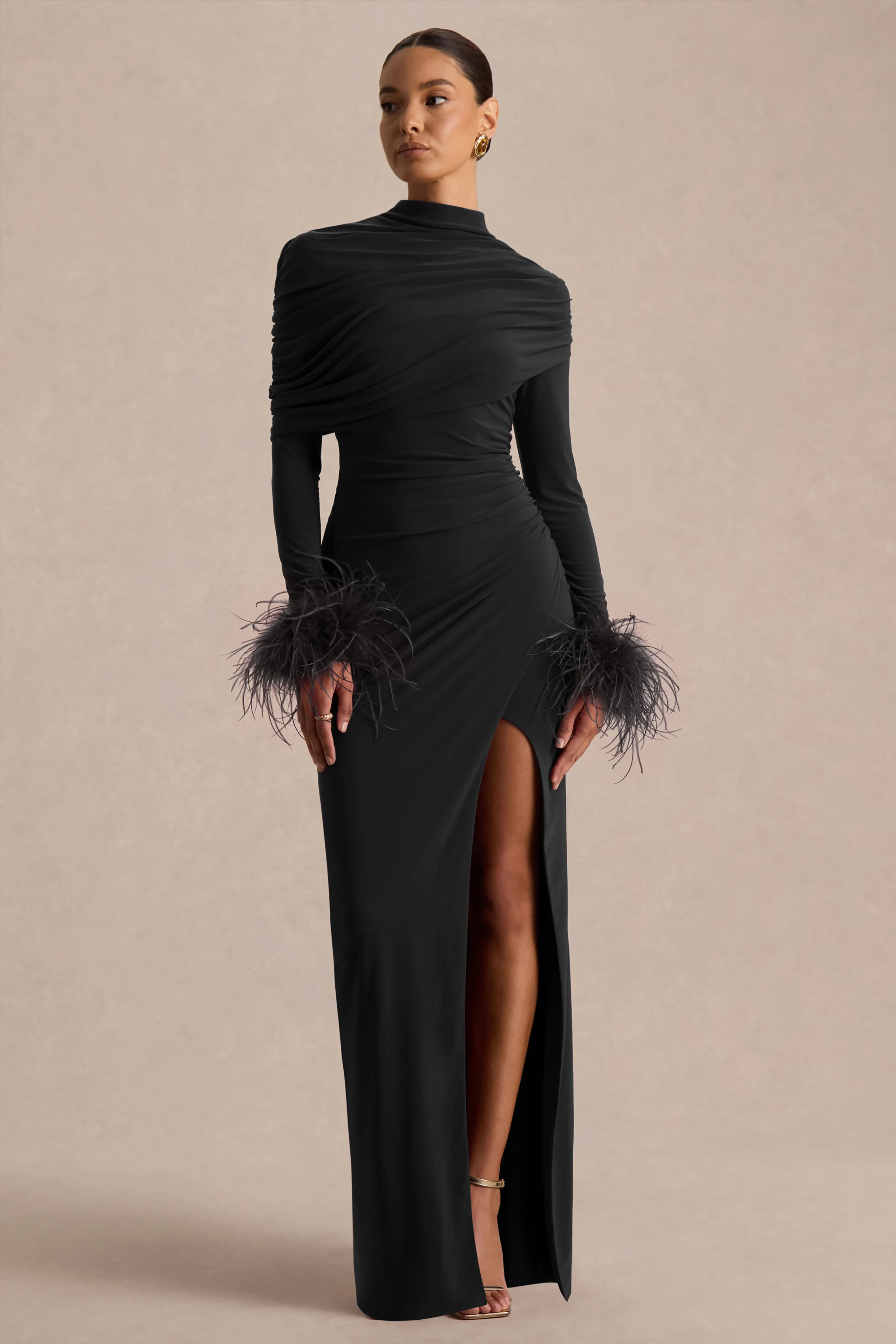 Gatsby | Black High-Neck Maxi Dress With Feather Trim Cuffs