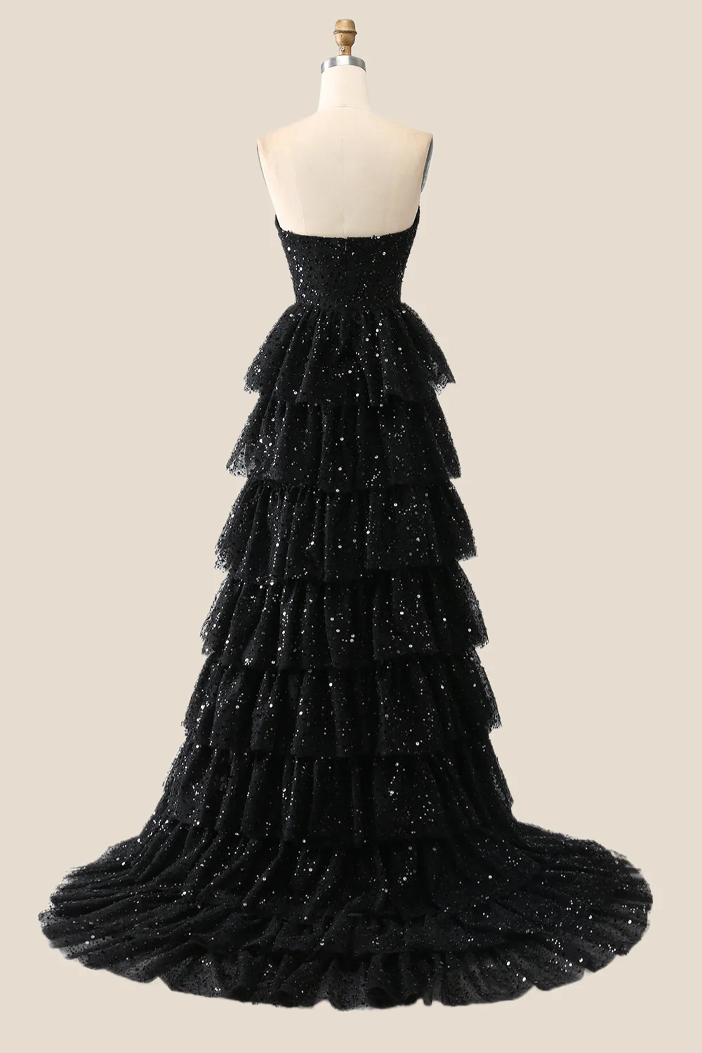 Black Sparkle Tulle Tiered Ruffles Gown