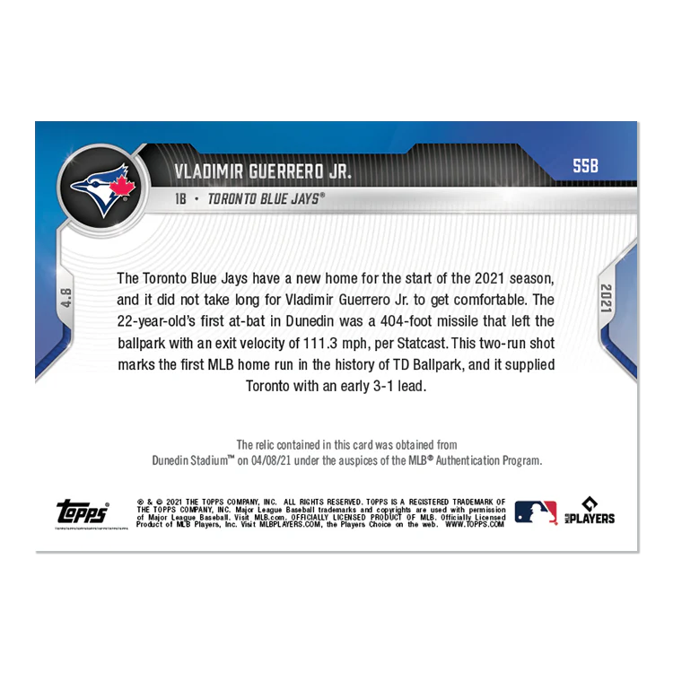 Game-used Base Relic # to 49 - Vladimir Guerrero Jr. - 2021 MLB TOPPS NOW® Card 55B