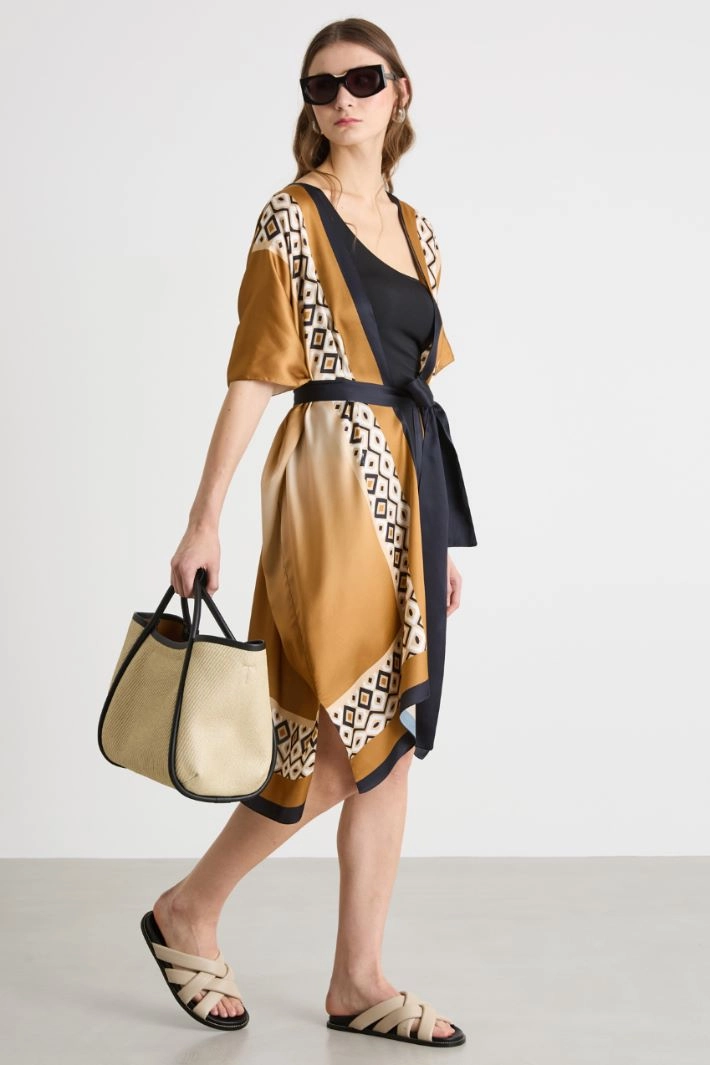Printed satin kimono - CAMEL