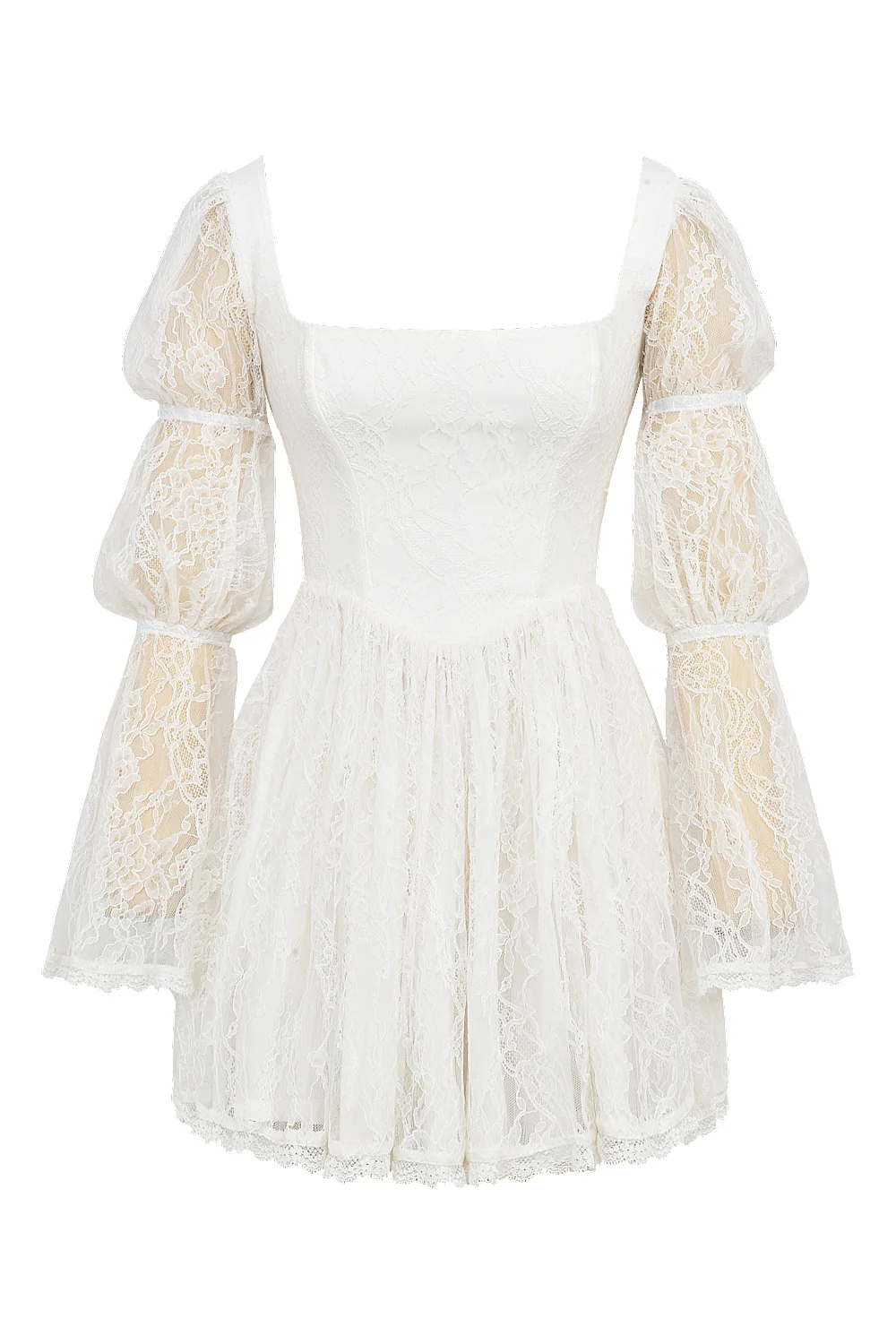 white lace puff sleeve mini dress