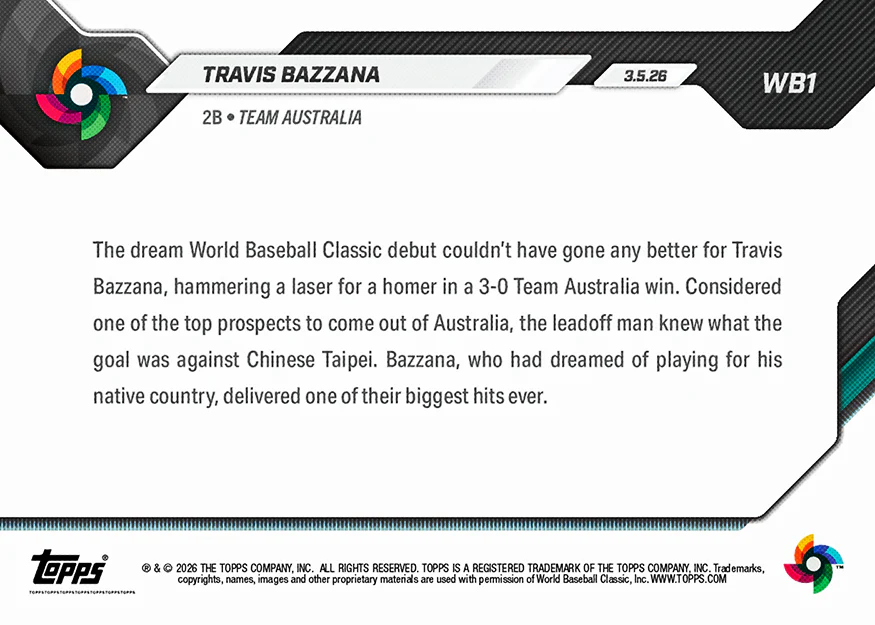 Travis Bazzana - 2026 World Baseball Classic Topps NOW® - Card 1 - PR: 3538