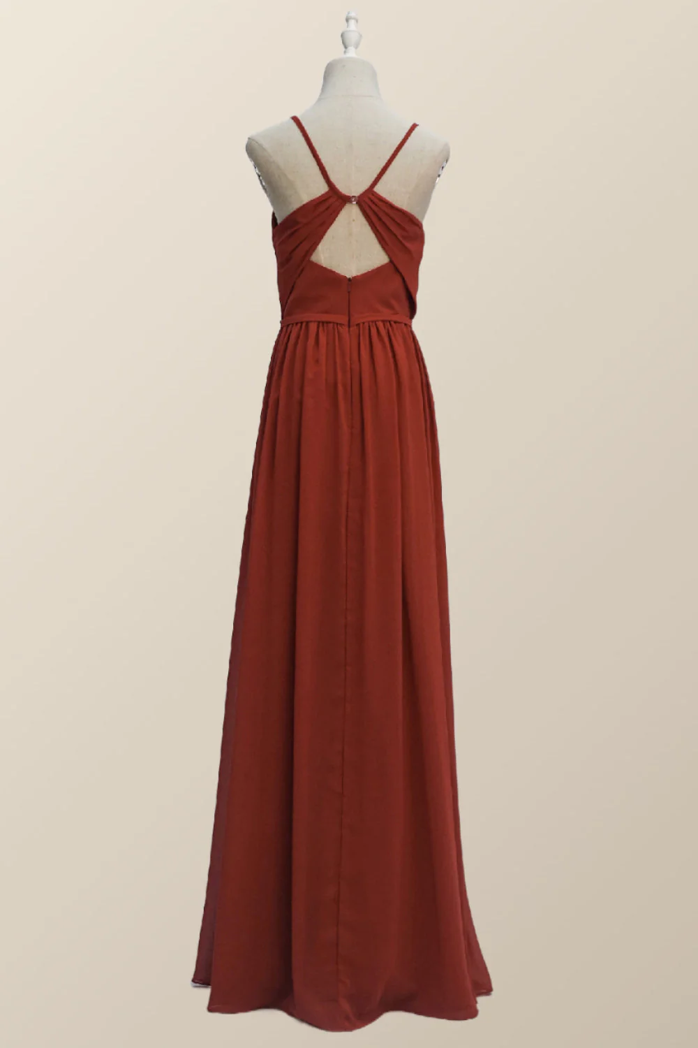 Straps Burnt Orange Chiffon A-line Long Bridesmaid Dress