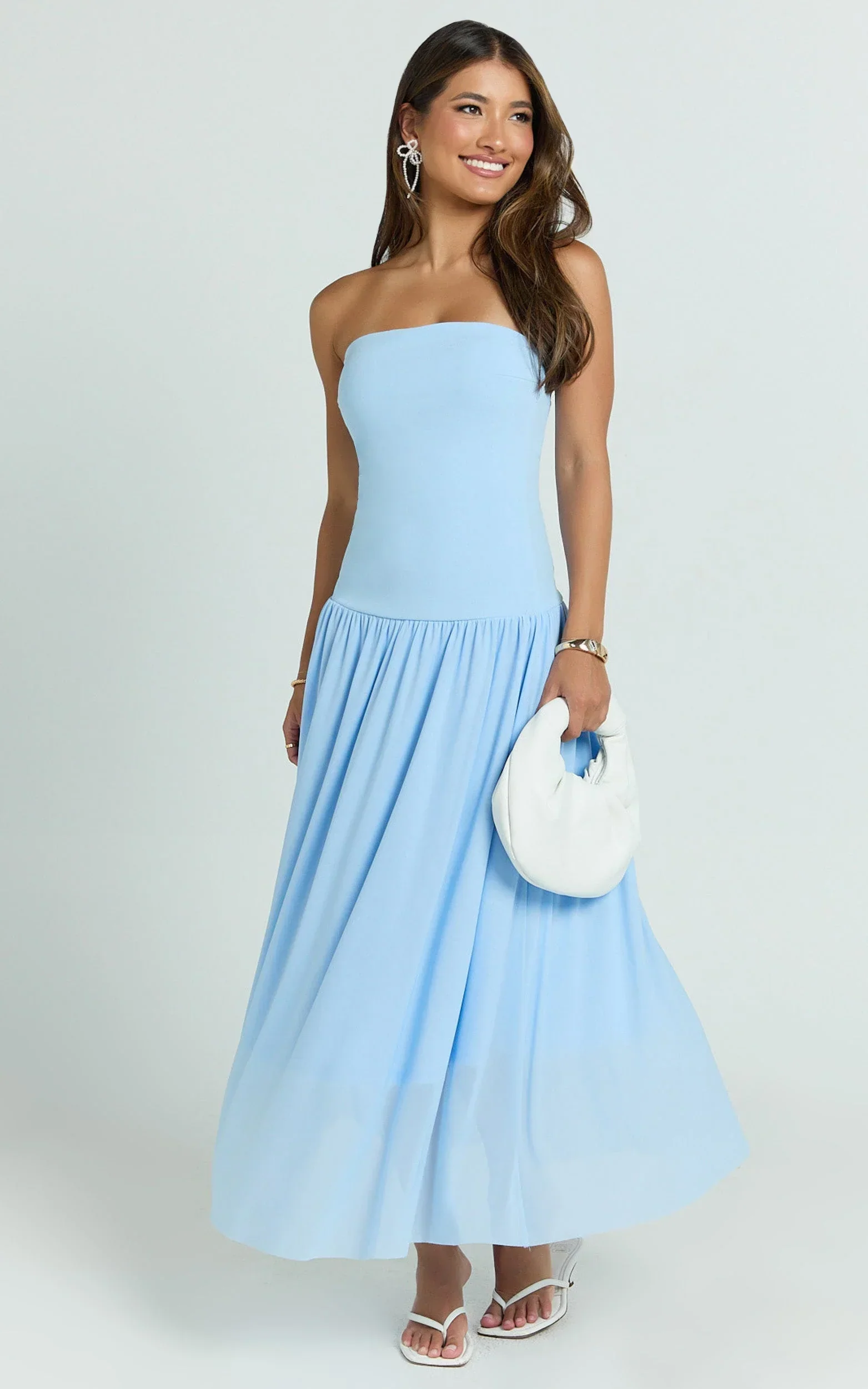 Cherie Midi Dress - Strapless Drop Waist Dress in Blue