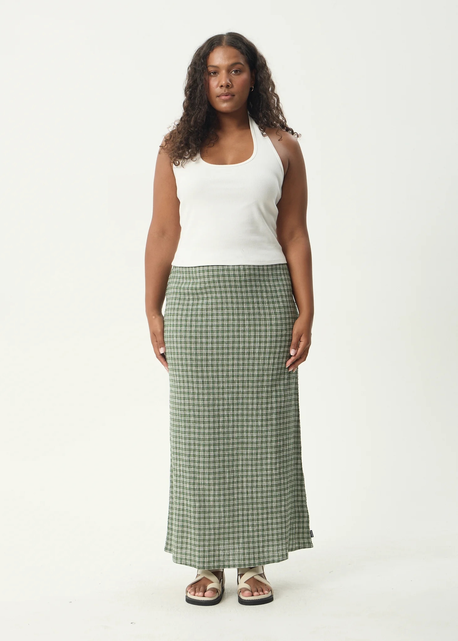 AFENDS Womens Lita - Seersucker Maxi Skirt - Base Deep Green Check