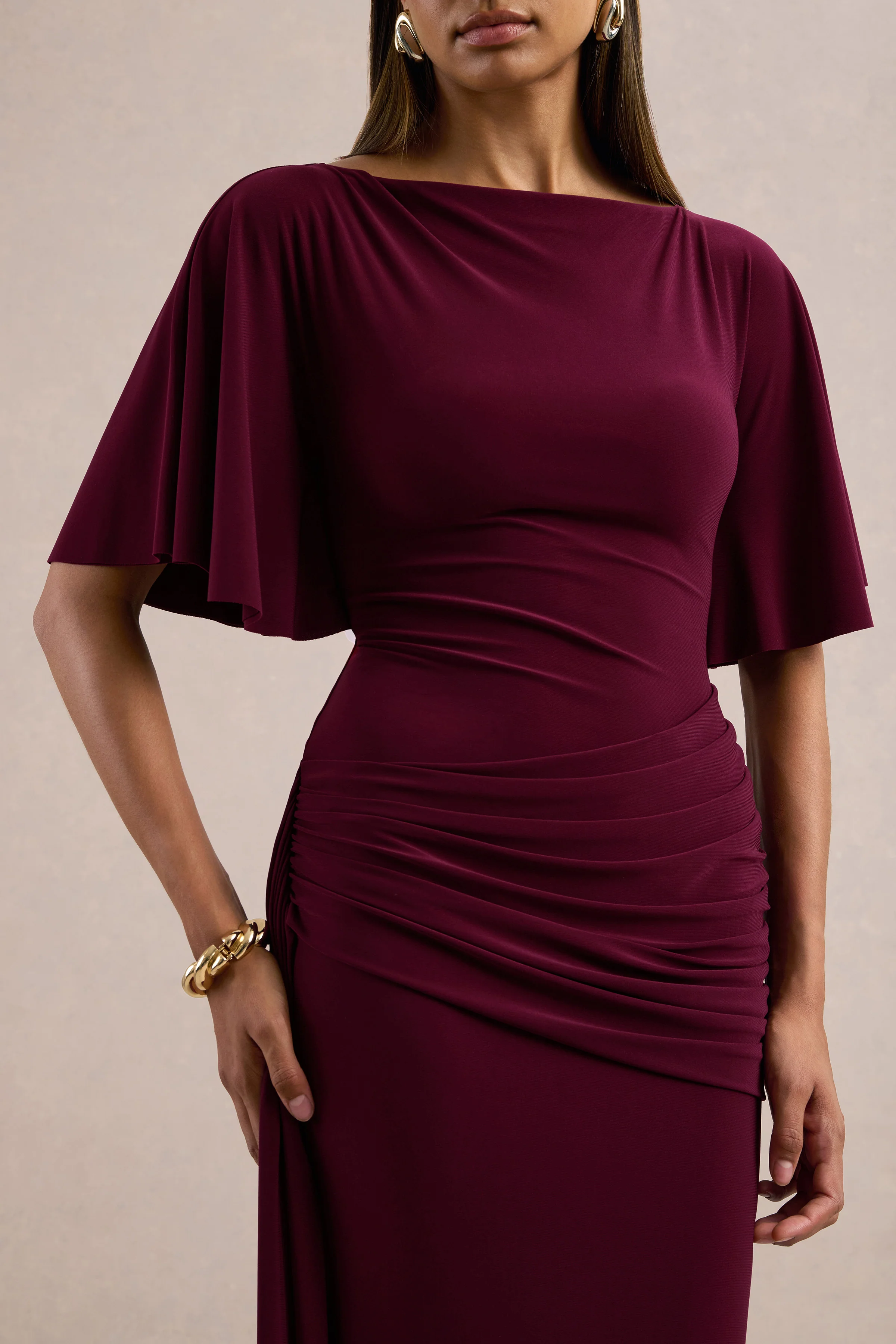 Emerelle | Burgundy Jersey Ruched Boat Neck Short Sleeve Maxi Dress With Sash And Split