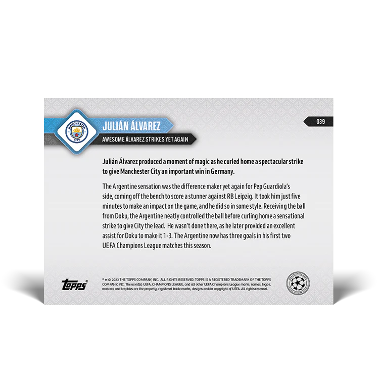 Topps UK - Julián Álvarez - Spectacular strike seals win - UCL TOPPS NOW® Card #39