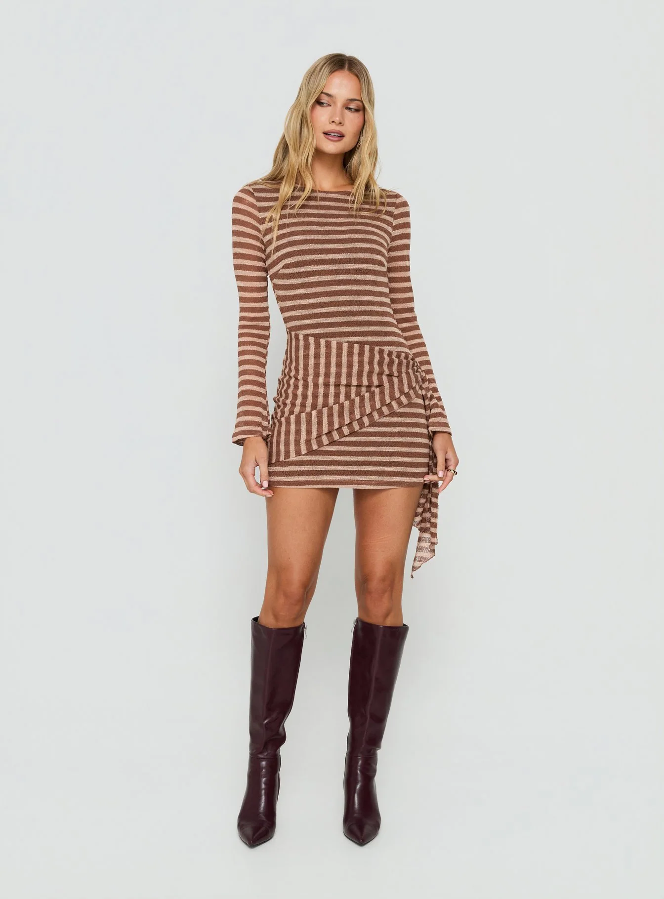 Avenor Long Sleeve Tie Detail Mini Dress Brown / Yellow Stripe