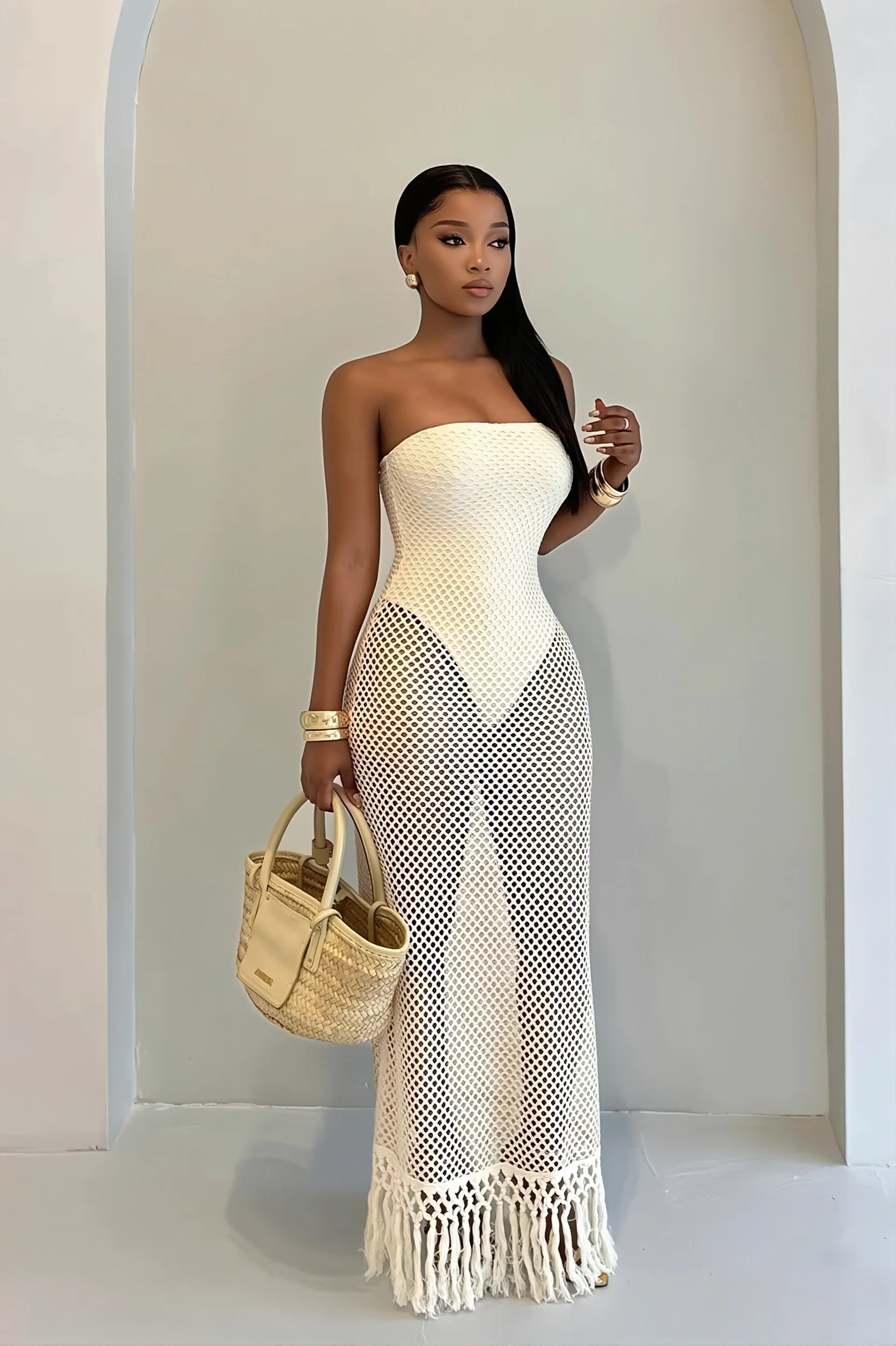 Solid Hollow Out Knitted Slim Vacation Maxi Dress