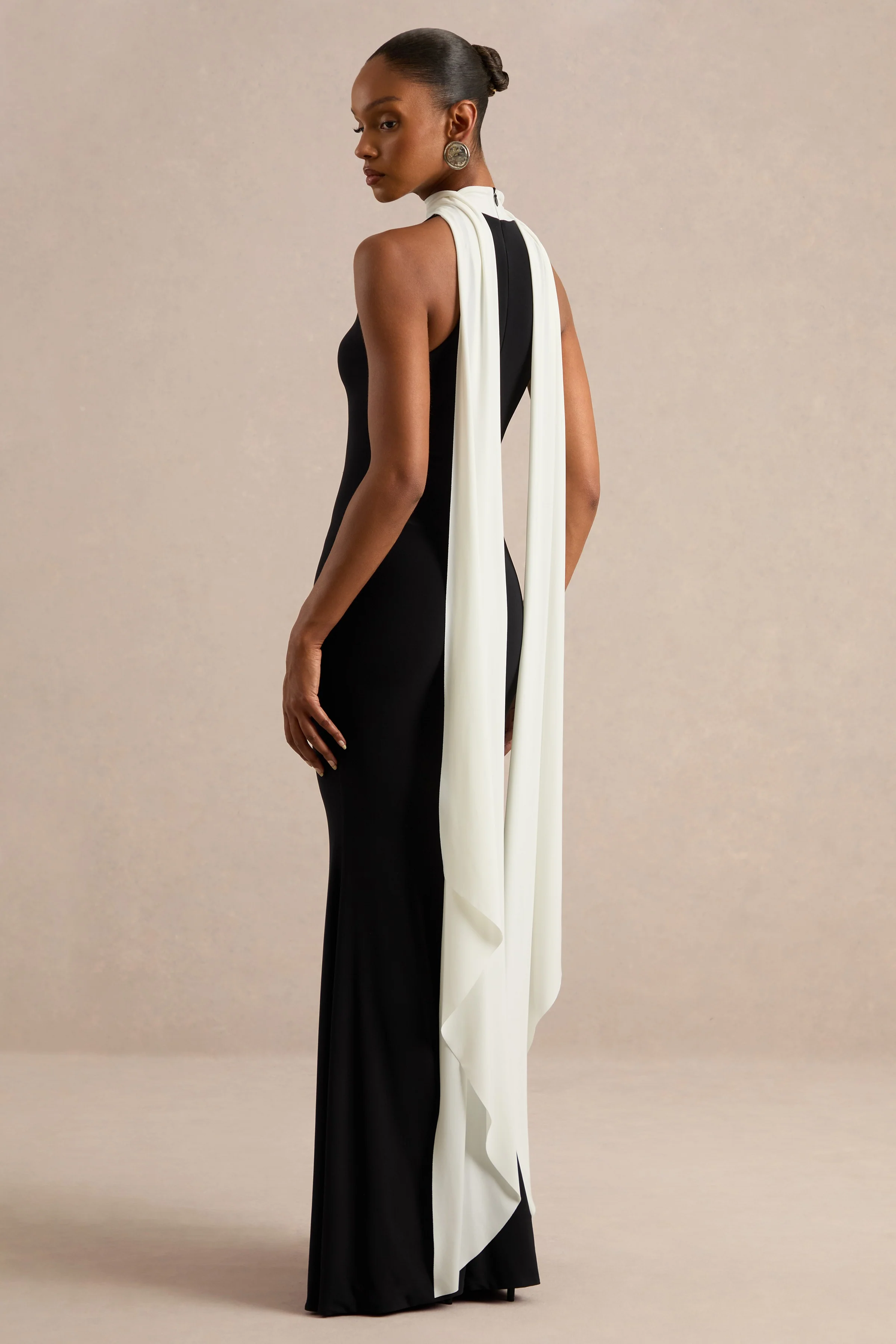 Calise | Monochrome Jersey High Neck Maxi Dress With Scarf Detail