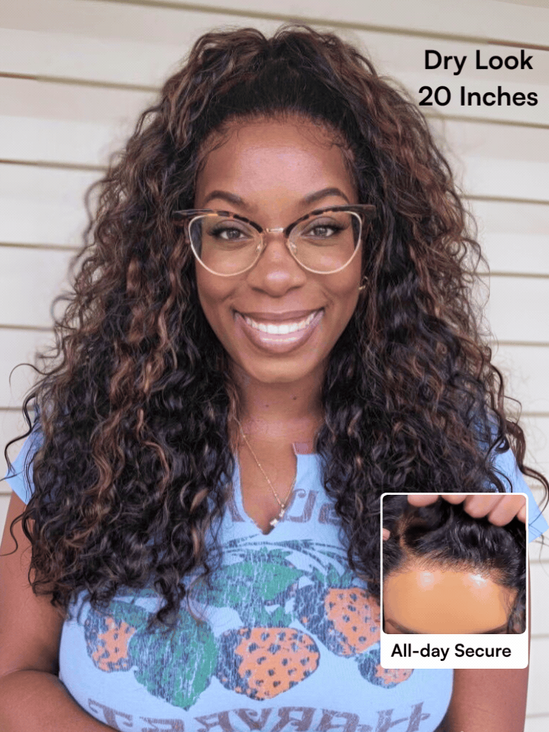 Golden Brown Highlight Water Wave 7x5 Bye Bye Knots Lace Closure Glueless Human Hair Wig with Drawstring