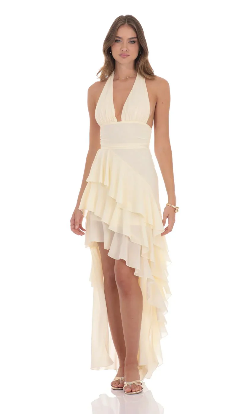 Asymmetrical Ruffle Maxi Dress in Ivory