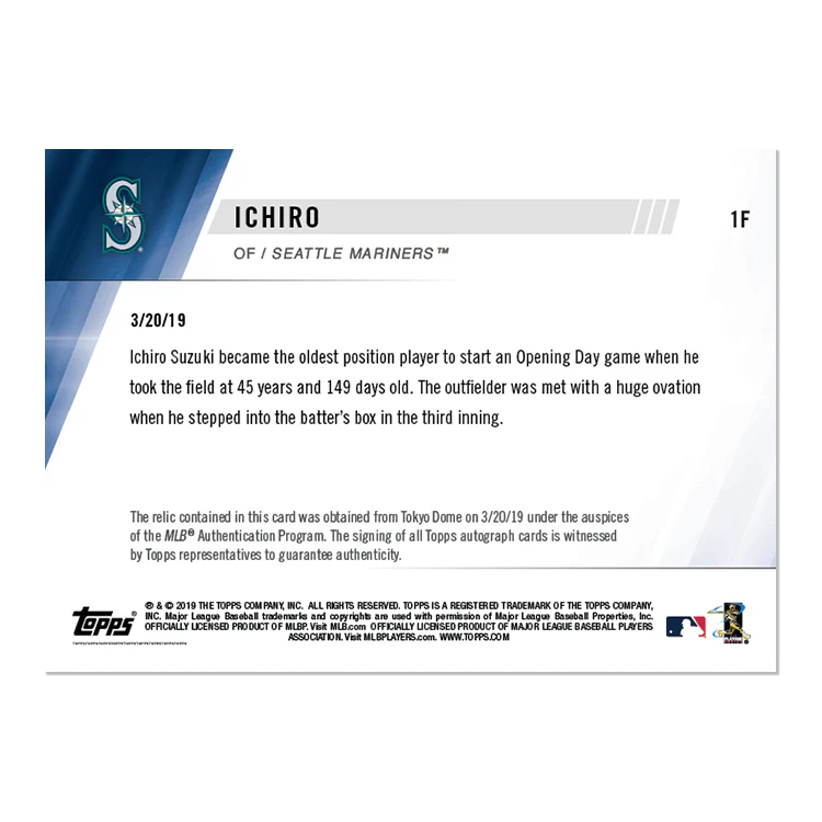 On-Card Auto Relic # to 1 - Ichiro - MLB TOPPS NOW® Card 1F
